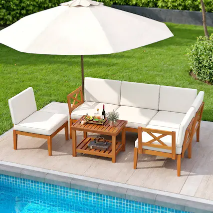 Front. Kadyn - Outdoor & Patio Furniture Sets,6 Pieces Acacia Wood Patio Furniture Set with Cushions and 2-Tier Coffee Table-White - White.