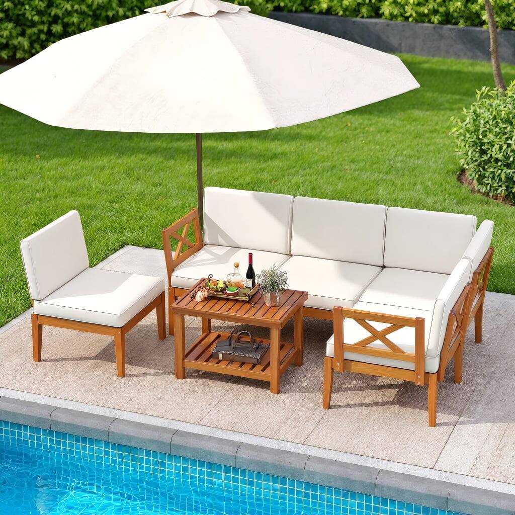 Front. Kadyn - Outdoor & Patio Furniture Sets,6 Pieces Acacia Wood Patio Furniture Set with Cushions and 2-Tier Coffee Table-White - White.