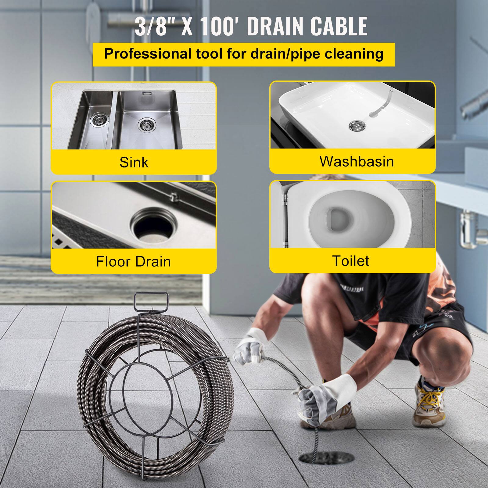 3/8" X 100' DRAIN CABLE  
Professional tool for drain/pipe cleaning  
Sink  
Washbasin  
Floor Drain  
Toilet