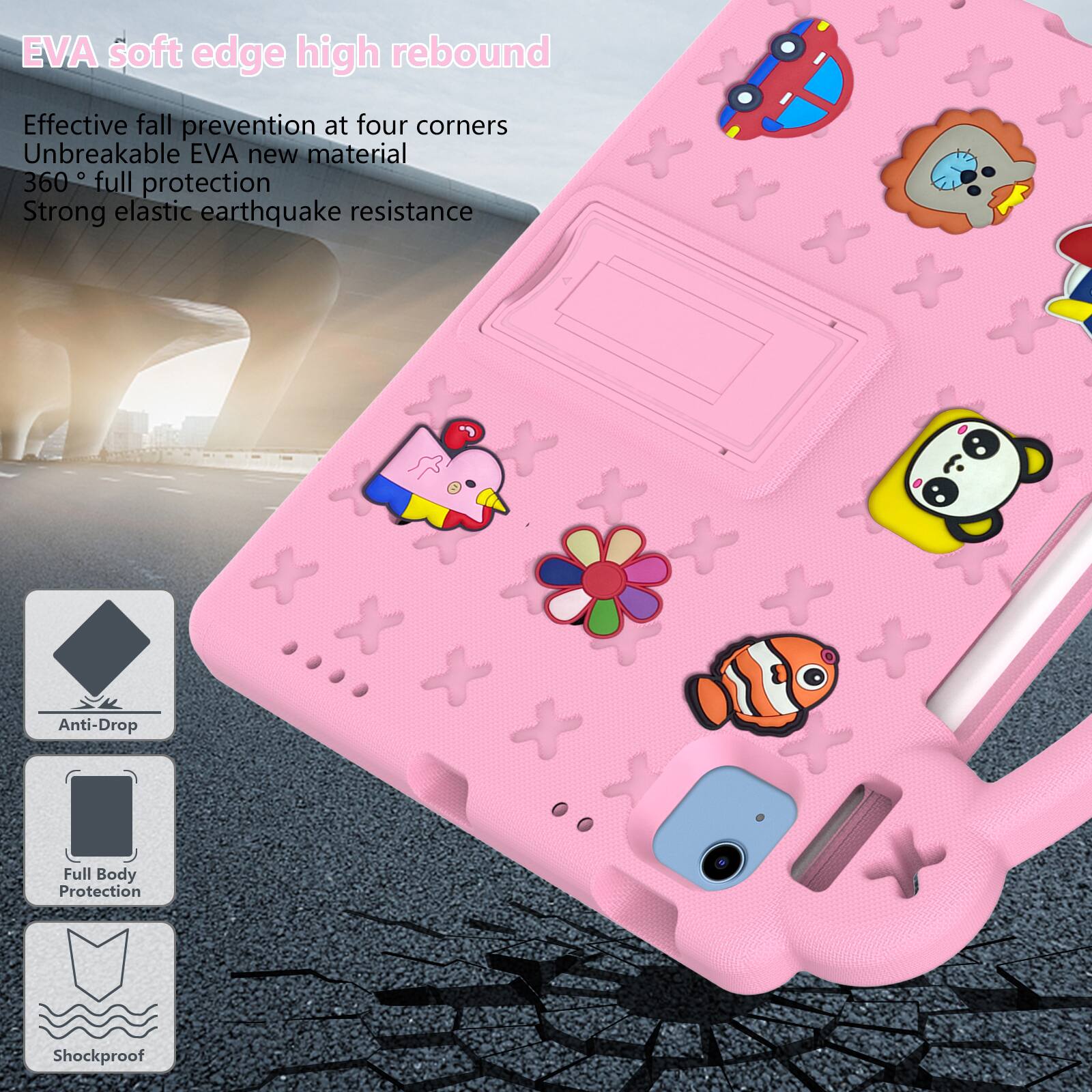 EVA soft edge high rebound  
Effective fall prevention at four corners  
Unbreakable EVA new material  
360° full protection  
Strong elastic earthquake resistance  

Anti-Drop  
Full Body Protection  
Shockproof