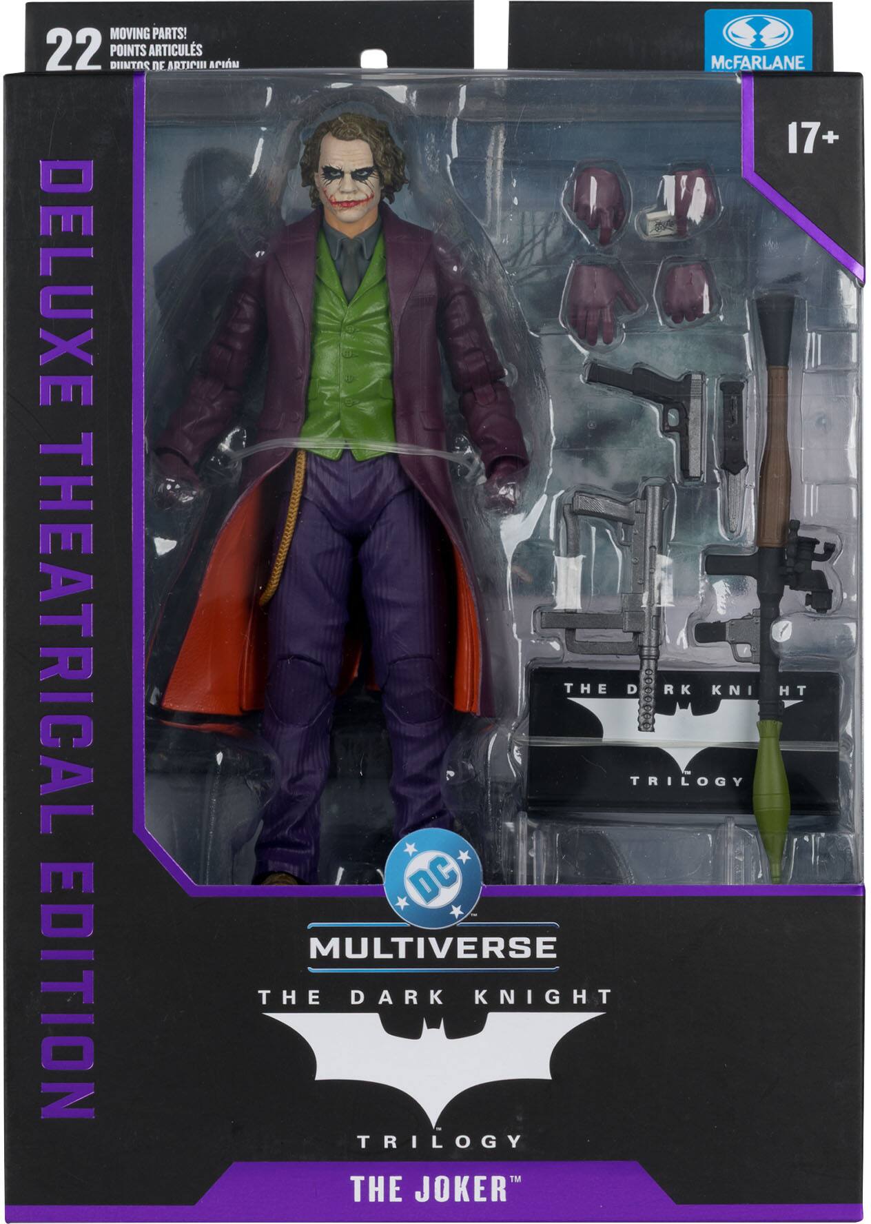 MOVING PARTS! 22 POINTS ARTICULS DIINTOS NF ARTIFII API McFARLANE 17+ DELUXE THEATRICAL EDITION THE DARK KNIGHT TRILOGY TM THE JOKER