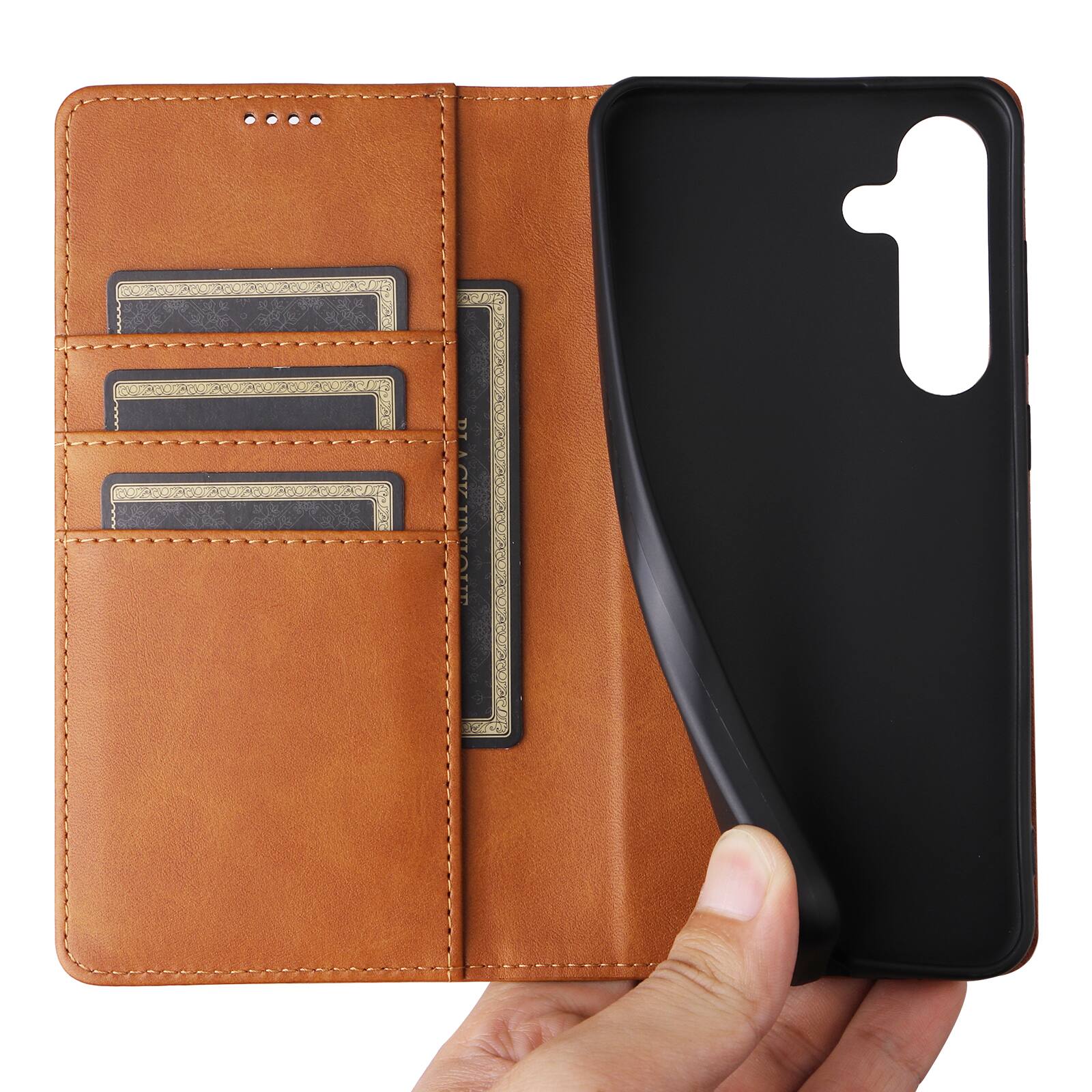 Angle. Dteck - Case for Samsung Galaxy S25+,Wallet Case with Card Holder for Women Men,Shockproof PU Leather Flip Kickstand Cover - Brown.