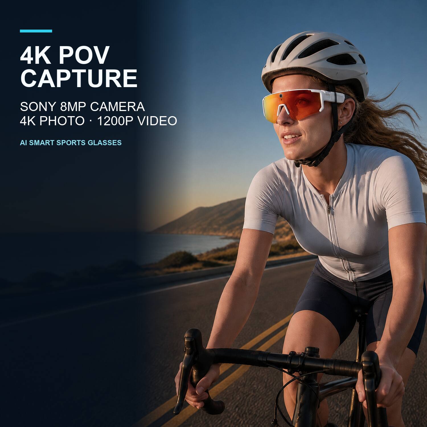 4K POV CAPTURE  
SONY 8MP CAMERA  
4K PHOTO • 1200P VIDEO  
AI SMART SPORTS GLASSES