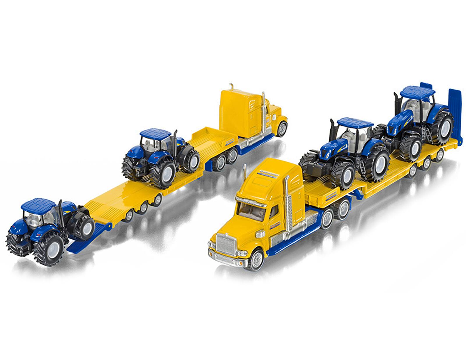 Left. SIKU - Tractor Truck Yellow with 2 New Holland T7070 Tractors Blue 1/87 (HO) Diecast Models by Siku - Yellow, Blue.