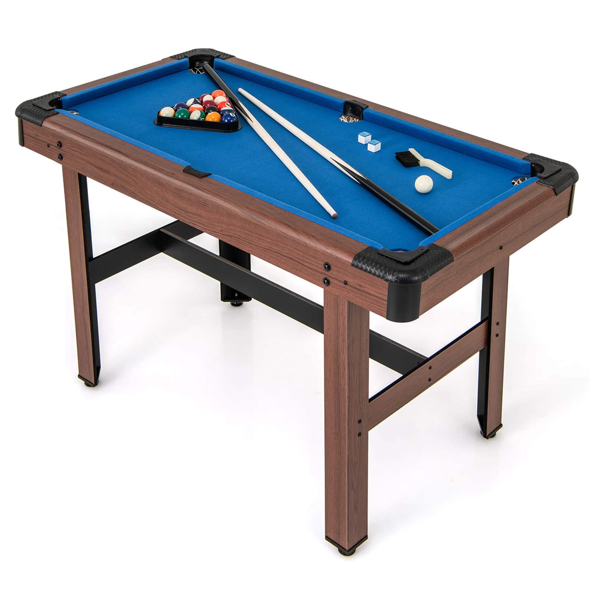 Front. Costway - 48" Pool Table for Kids & Adults with Full Set of Balls 2 Cue Sticks 2 Chalks Blue - Brown+Blue.