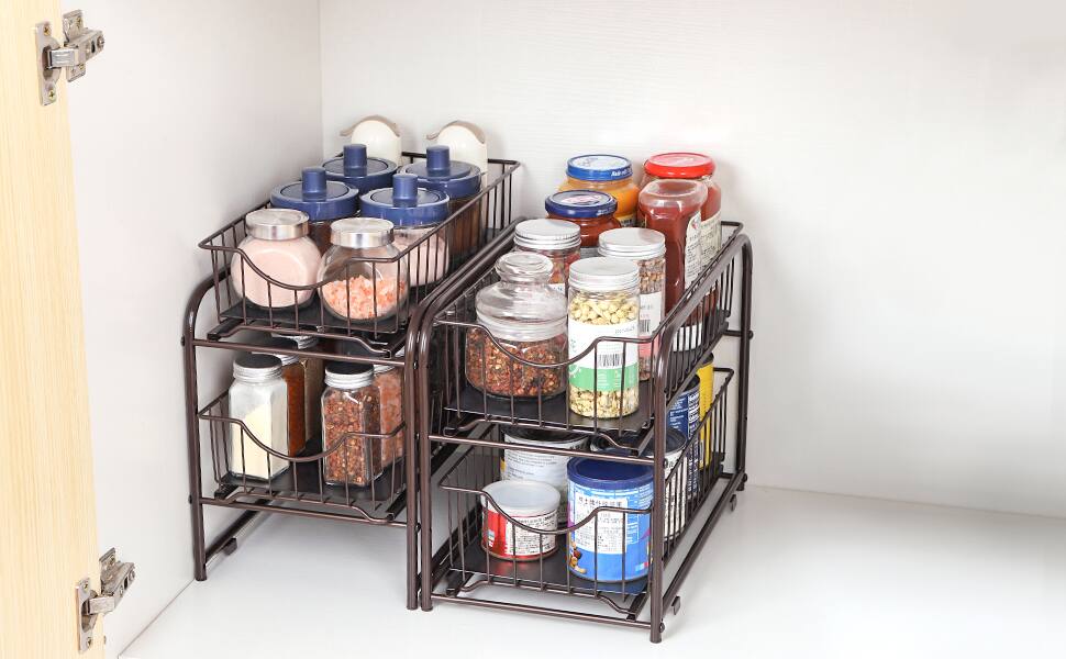 Alt View 1. Oumilen - 2 Pack Brown Metal Wire Storage Drawer Baskets, 2-Tier Pull Out Sliding Organizer Rack for Kitchen Cabinet Countertop - Brown.