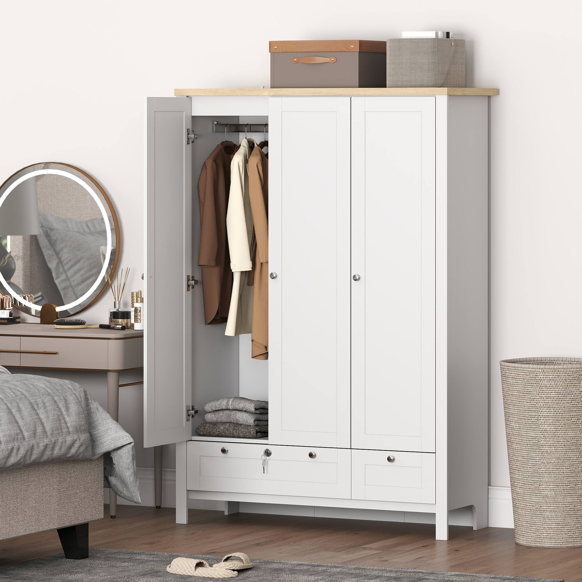 Alt View 1. Homcom - Doors Wardrobe Closet with 2 Drawers, Bedroom Armoire with Lockable Drawer - white.