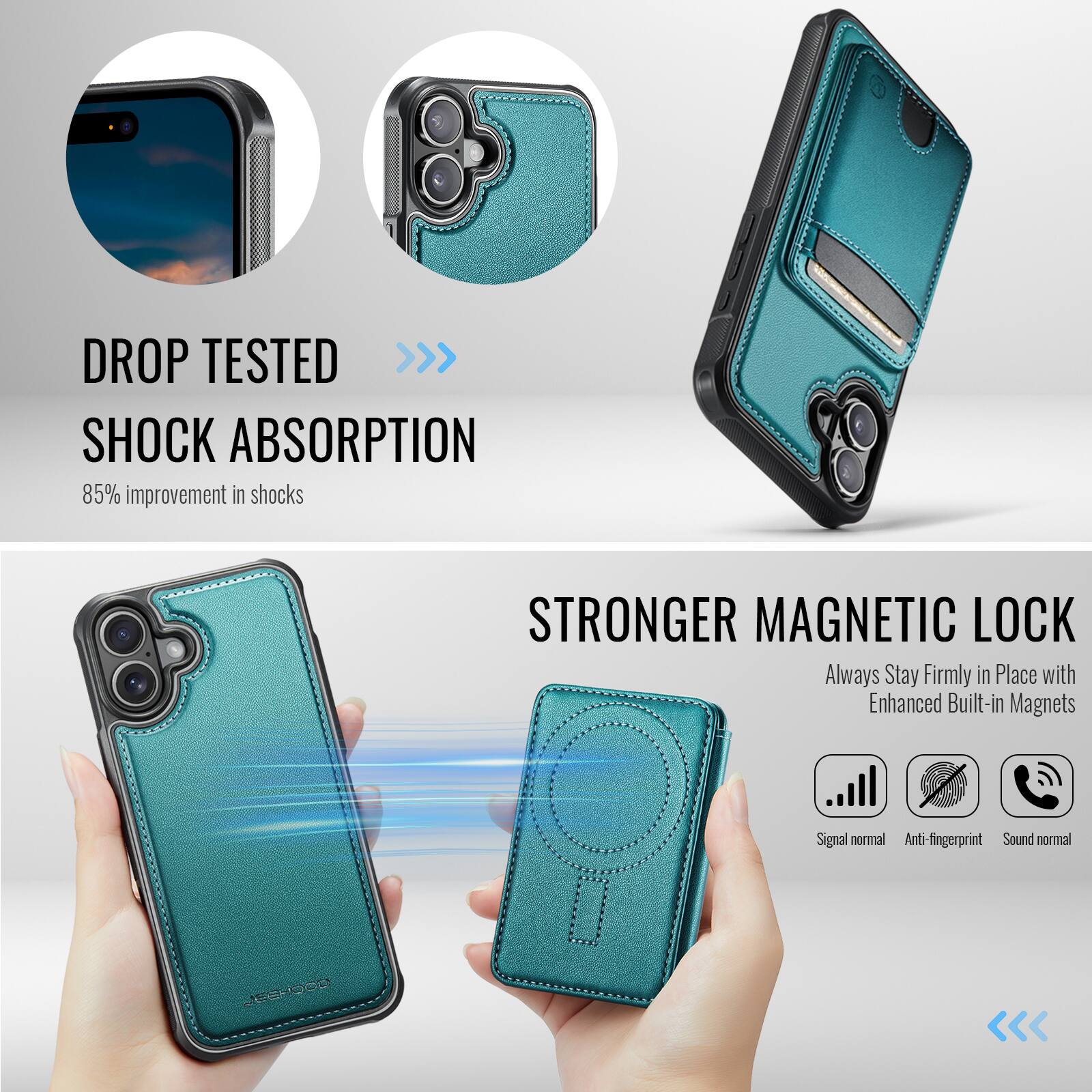 DROP TESTED  
SHOCK ABSORPTION  
85% improvement in shocks  

STRONGER MAGNETIC LOCK  
Always Stay Firmly in Place with Enhanced Built-in Magnets  

Signal normal  
Anti-fingerprint  
Sound normal  

NTENOCA