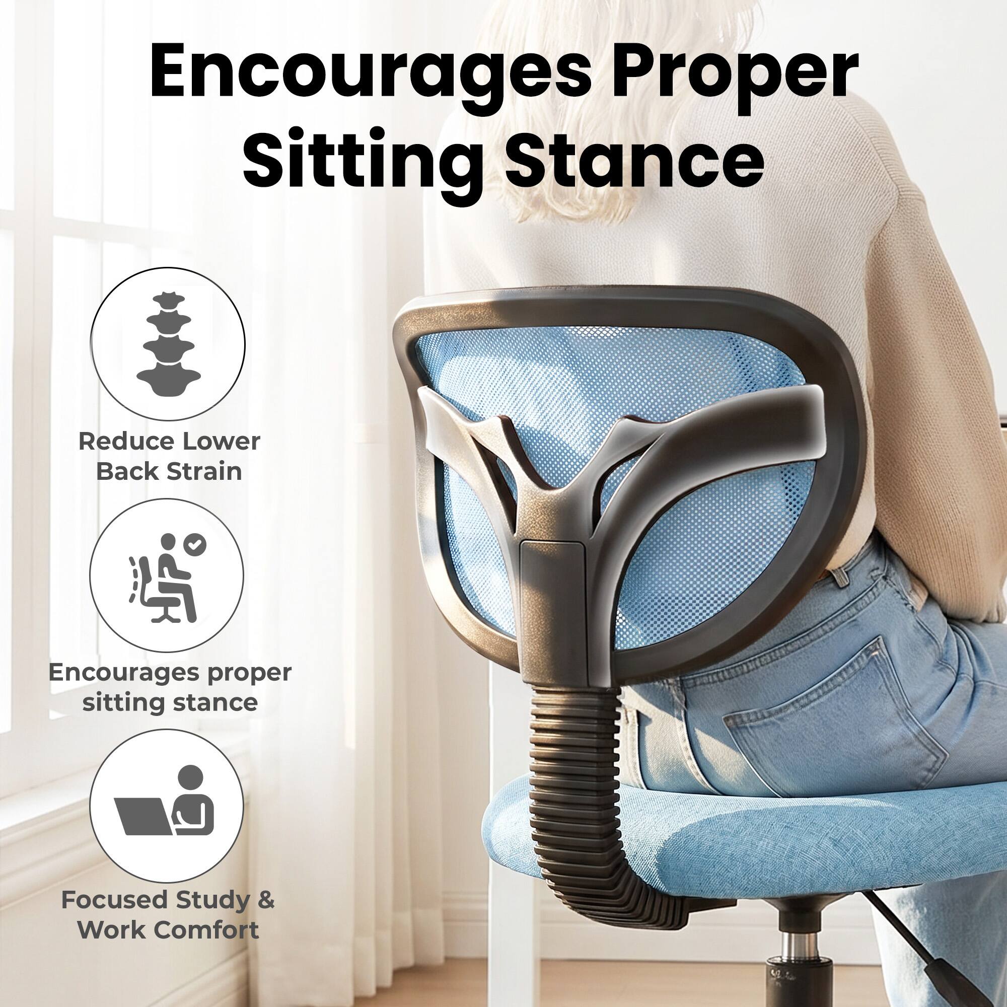 Encourages Proper Sitting Stance  
Reduce Lower Back Strain  
Encourages proper sitting stance  
Focused Study & Work Comfort