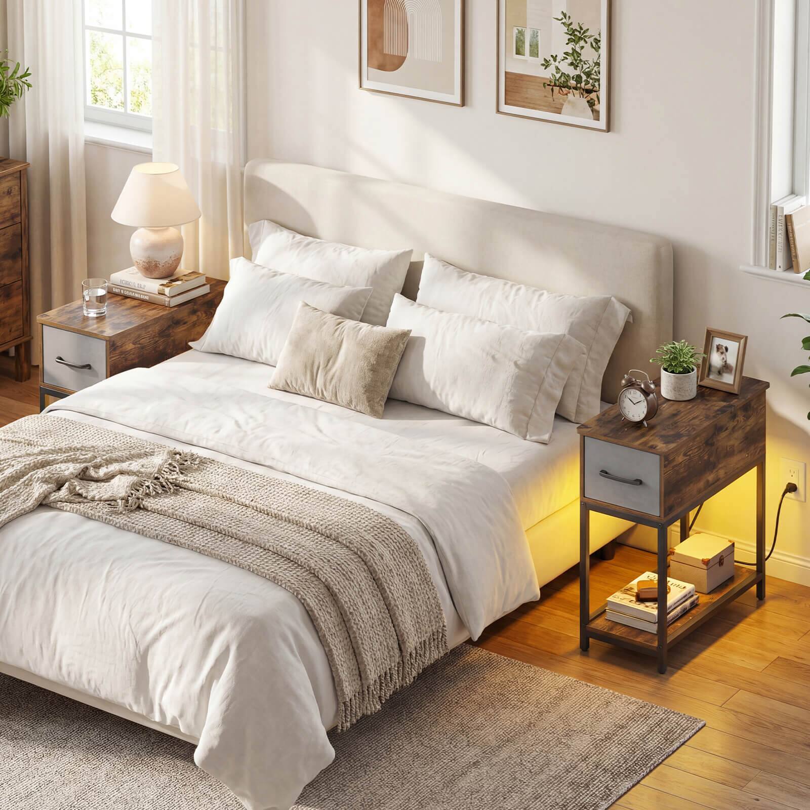 Alt View 8. Costway - Costway 1 PCS Narrow Side Table with Charging Station & LED Lights, Fabric Drawer for Bedroom - Rustic Brown + Gray.