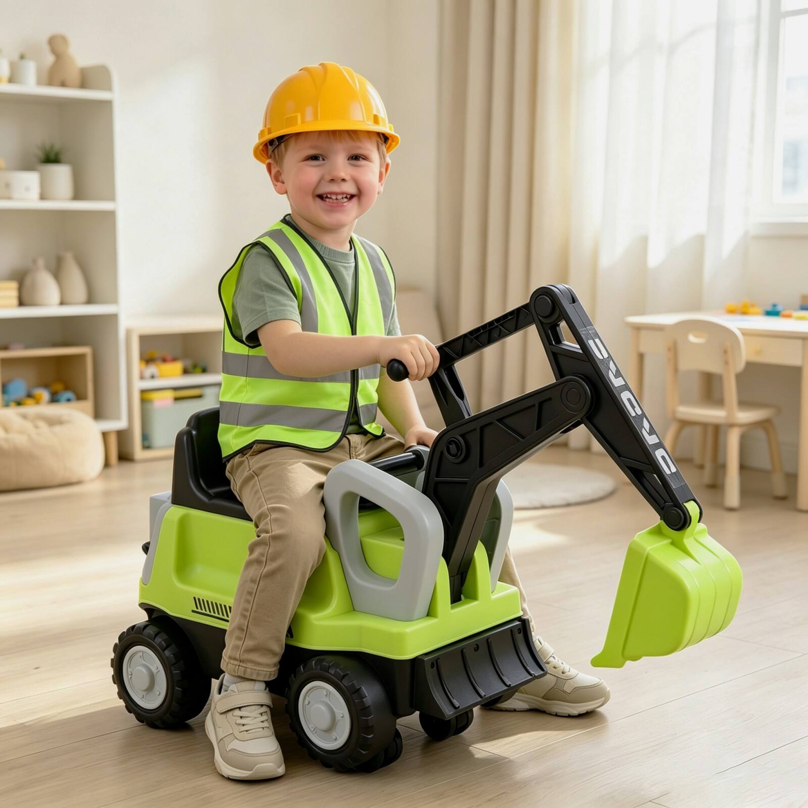 Alt View 1. Costway - Costway Toddler Ride-On Tractor with Detachable Trailer, Foot-Powered Sliding Car - Green.