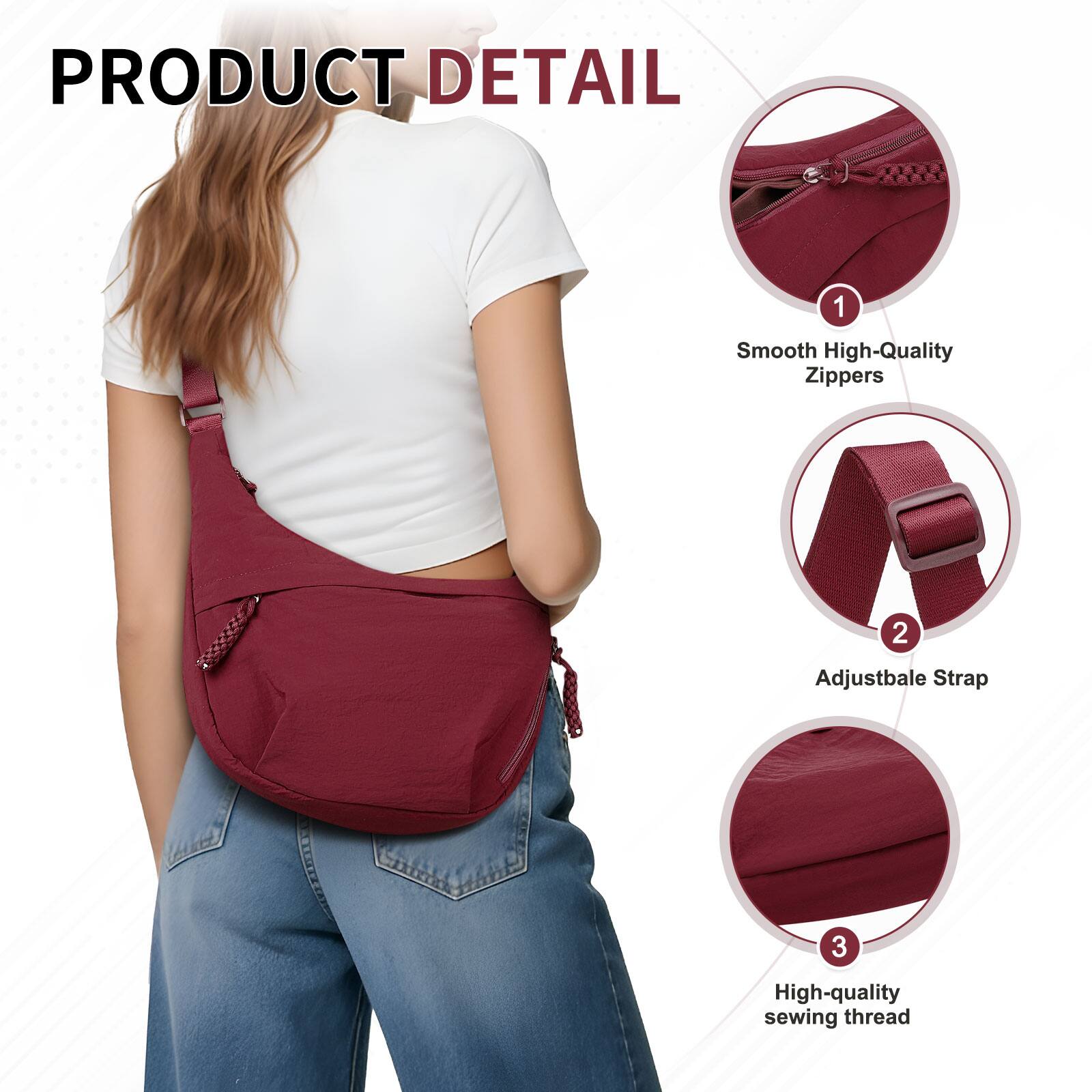 PRODUCT DETAIL

1. Smooth High-Quality Zippers
2. Adjustable Strap
3. High-quality sewing thread