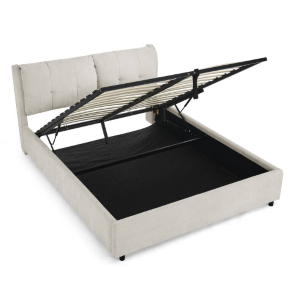 Alt View 2. LUCKY ONE - Queen Size Storage Upholstered Hydraulic Platform Bed with Integrated Headboard, Chenille Fabric, No Box Spring Needed - Beige.