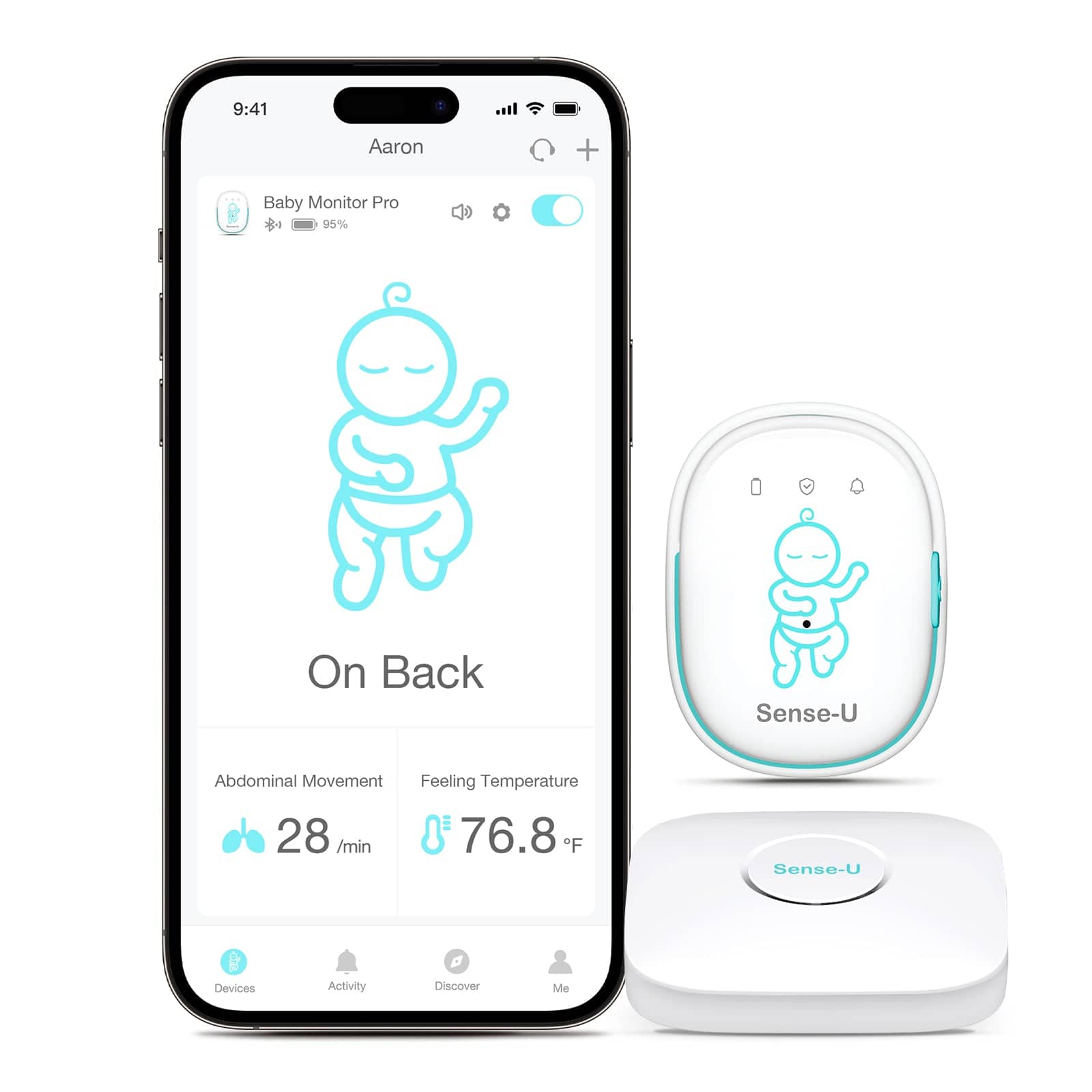Sense-U - Pro Baby Monitor (Long Range): Tracks Abdominal Movement, Rollover and Sleeping Position - White