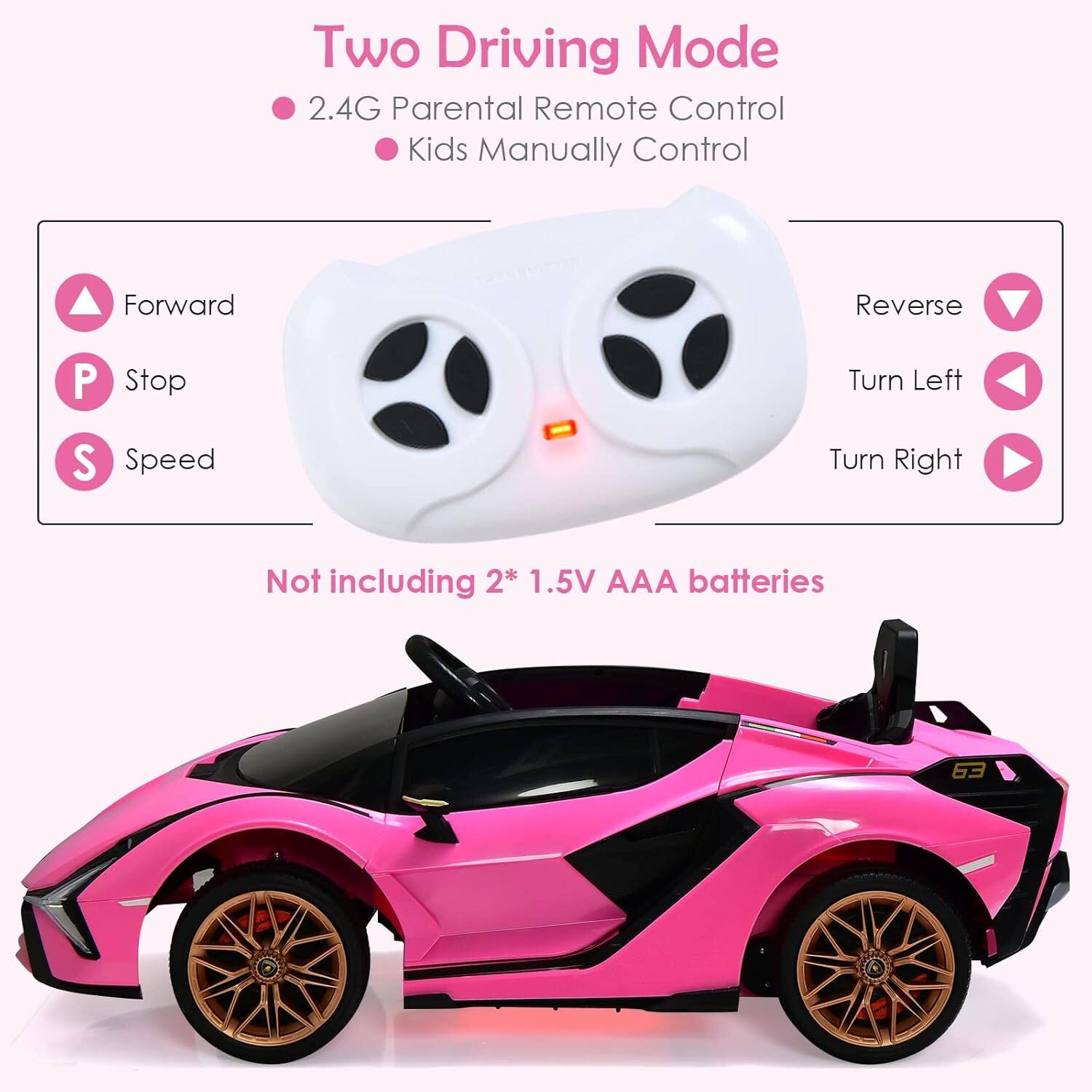 Two Driving Mode  
- 2.4G Parental Remote Control  
- Kids Manually Control  

Forward  
Stop  
Speed  

Reverse  
Turn Left  
Turn Right  

Not including 2* 1.5V AAA batteries