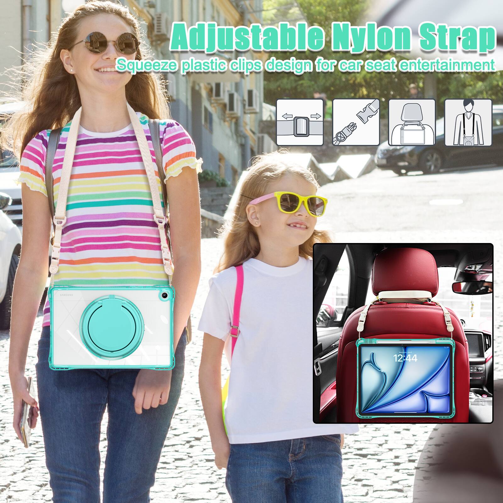 Adjustable Nylon Strap  
Squeeze plastic clips design for car seat entertainment