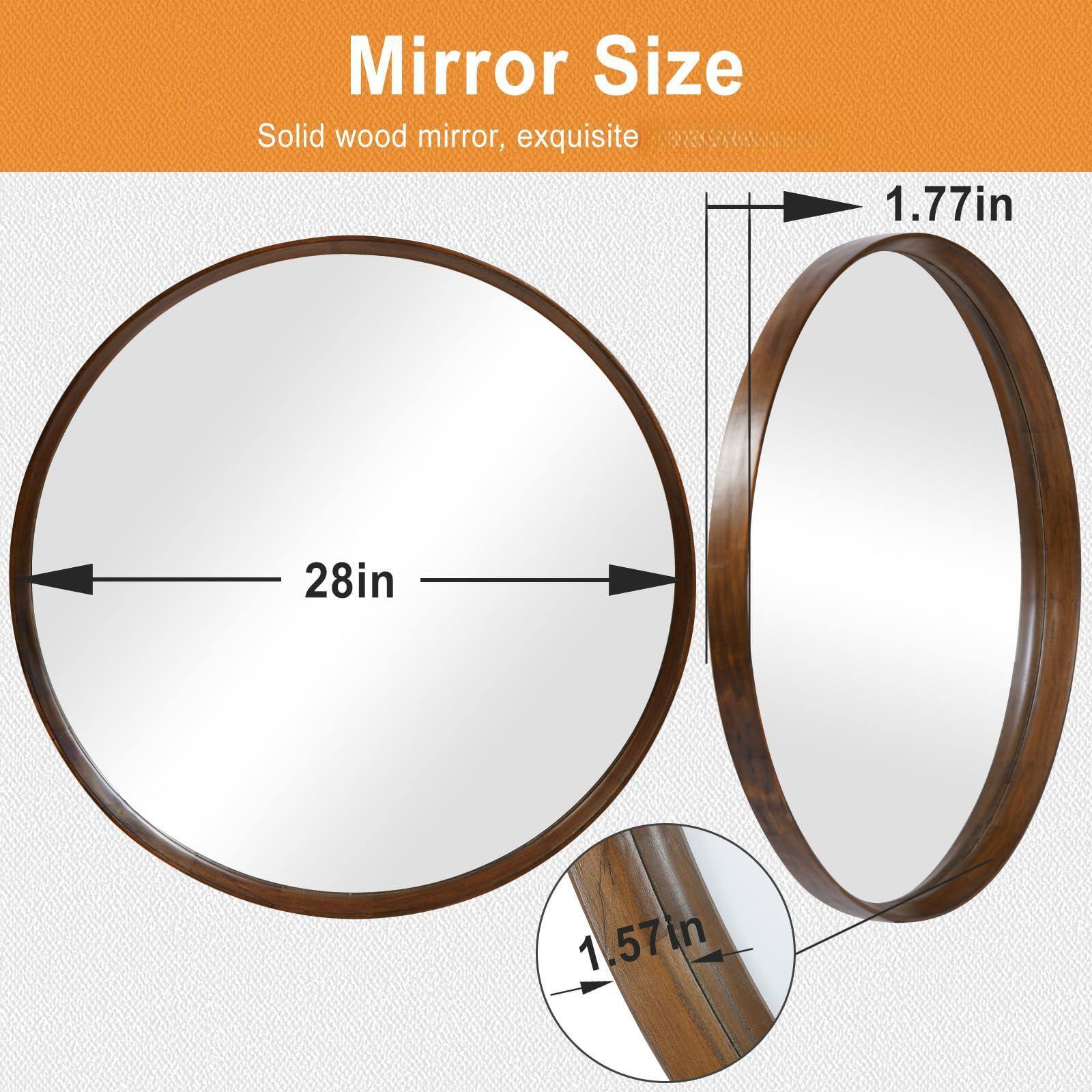 Mirror Size  
Solid wood mirror, exquisite  

- Diameter: 28in  
- Frame width: 1.77in  
- Frame thickness: 1.57in