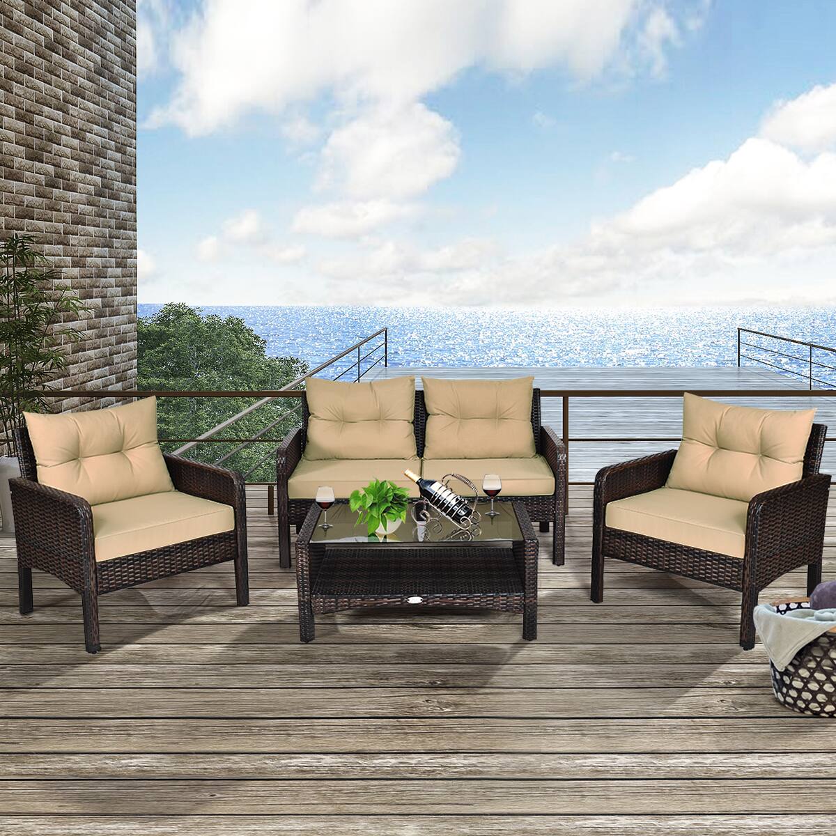 Alt View 3. Costway - Costway 4PCS Patio Rattan Furniture Set Loveseat Sofa Coffee Table Garden W/ Cushion - Brown.