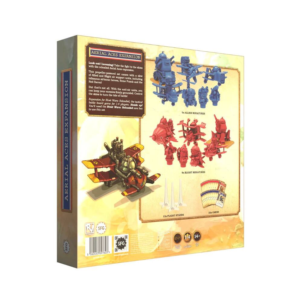 **Aerial Aces Expansion**

Look out! Incoming! Take to the skies with the reimagined Aerial Aces expansion. This propeller-powered set comes with a slew of new aircraft, including the infamous Red Baron's plane, Red Air, and the Allied planes, including the Red Pounds Barud and the Butcher. But that's not all! With the expansion, you can keep your enemies firmly grounded. Equip your heroes with the new Battle Control to turn the tide of battle. Equip your heroes for the final battle! You need the Aerial Aces base set to use this expansion.

**Contents:**
- 9 Allied Miniatures
- 9 Blight Miniatures
- 12 Flight Stands
- 30 Coins

**Ages:** 14+
**Players:** 2-4
**Time:** 60-90 minutes

**Aerial Aces Expansion**

This expansion set comes with a slew of new aircraft, including the infamous Red Baron's plane, Red Air, and the Allied planes, including the Red Pounds Barud and the Butcher. But that's not all! With the expansion, you can keep your enemies firmly grounded. Equip your heroes with the new Battle Control to