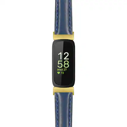 Front. StrapsCo - Everyday Leather Watch Band Strap For Fitbit Inspire 3 (Extra Long) - Blue (Yellow Gold Hardware).