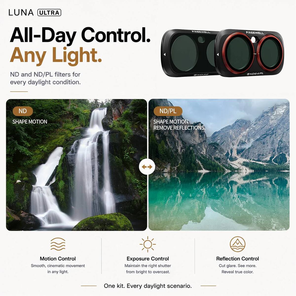 LUNA ULTRA All-Day Control. Any Light.  
ND and ND/PL filters for every daylight condition.

FREEWELL GEONG  
FREEWELL ND64/PL

ND SHAPE MOTION  
ND/PL SHAPE MOTION. REMOVE REFLECTIONS

Motion Control  
Smooth, cinematic movement in any light.

Exposure Control  
Maintain the right shutter from bright to overcast.

Reflection Control  
Cut glare. See more. Reveal true color.

One kit. Every daylight scenario.