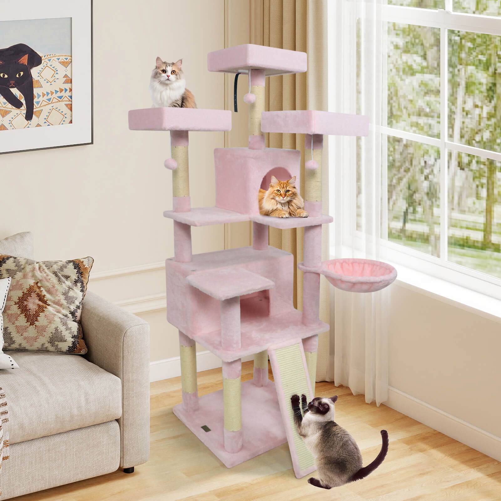 Alt View 3. Costway - Costway 65" Tall Multi-level Cat Tree with 3 Upholstered Top Perch 2 Cat Condos Cat Basket.