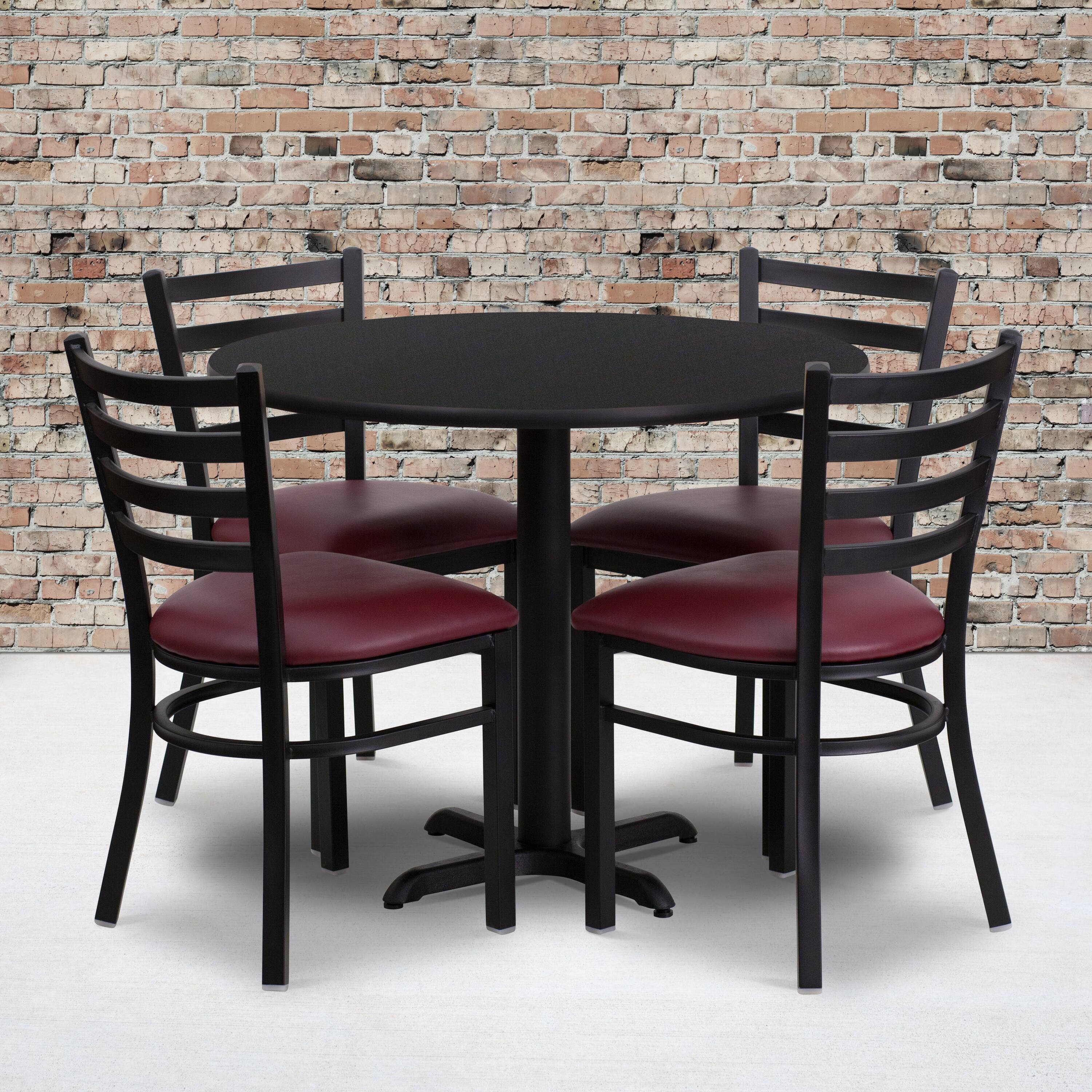 Angle. Flash Furniture - Carlton 36'' Round Black Laminate Table Set with X-Base and 4 Ladder Back Metal Chairs - Burgundy Vinyl Seat - Burgundy.