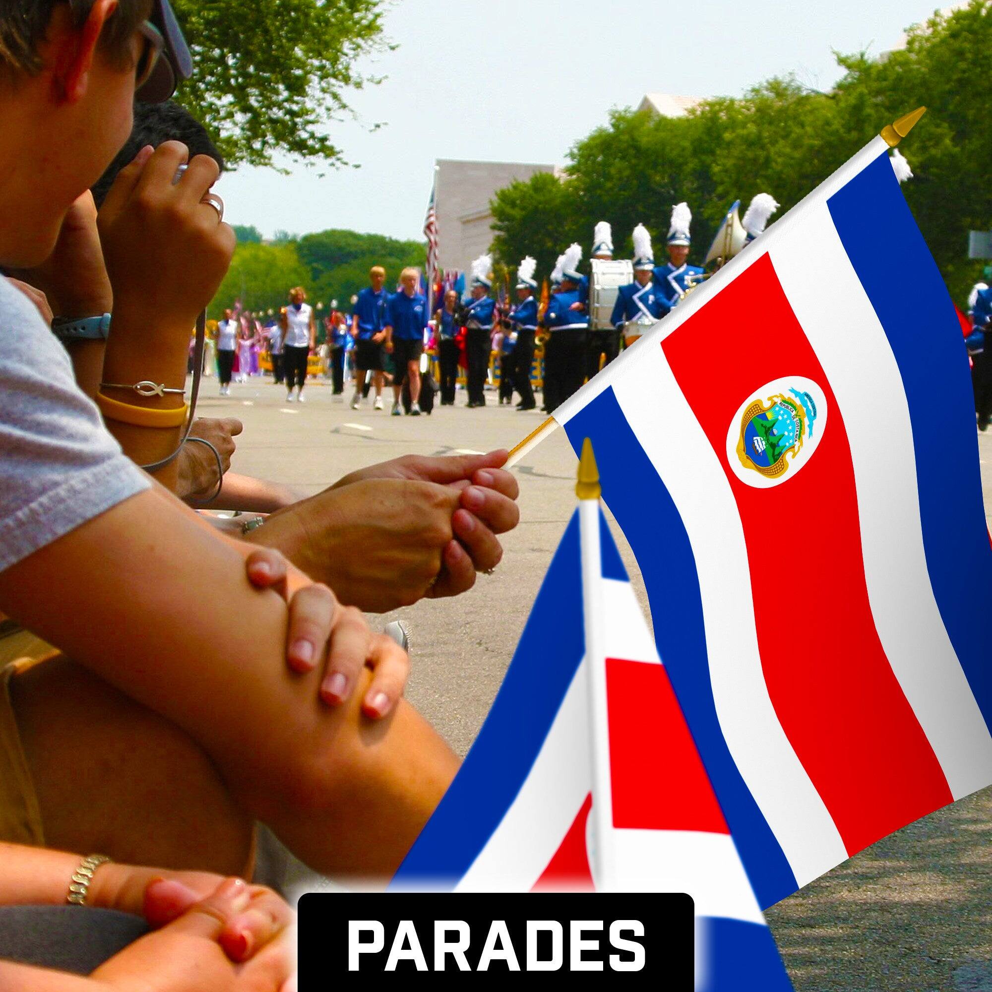 Alt View 1. G128 - 24 Pack Handheld Costa Rica Stick Flags - 12 x 18 in, 150D Polyester, Wooden Pole with Gold Spear Tip. - Assorted Colors.