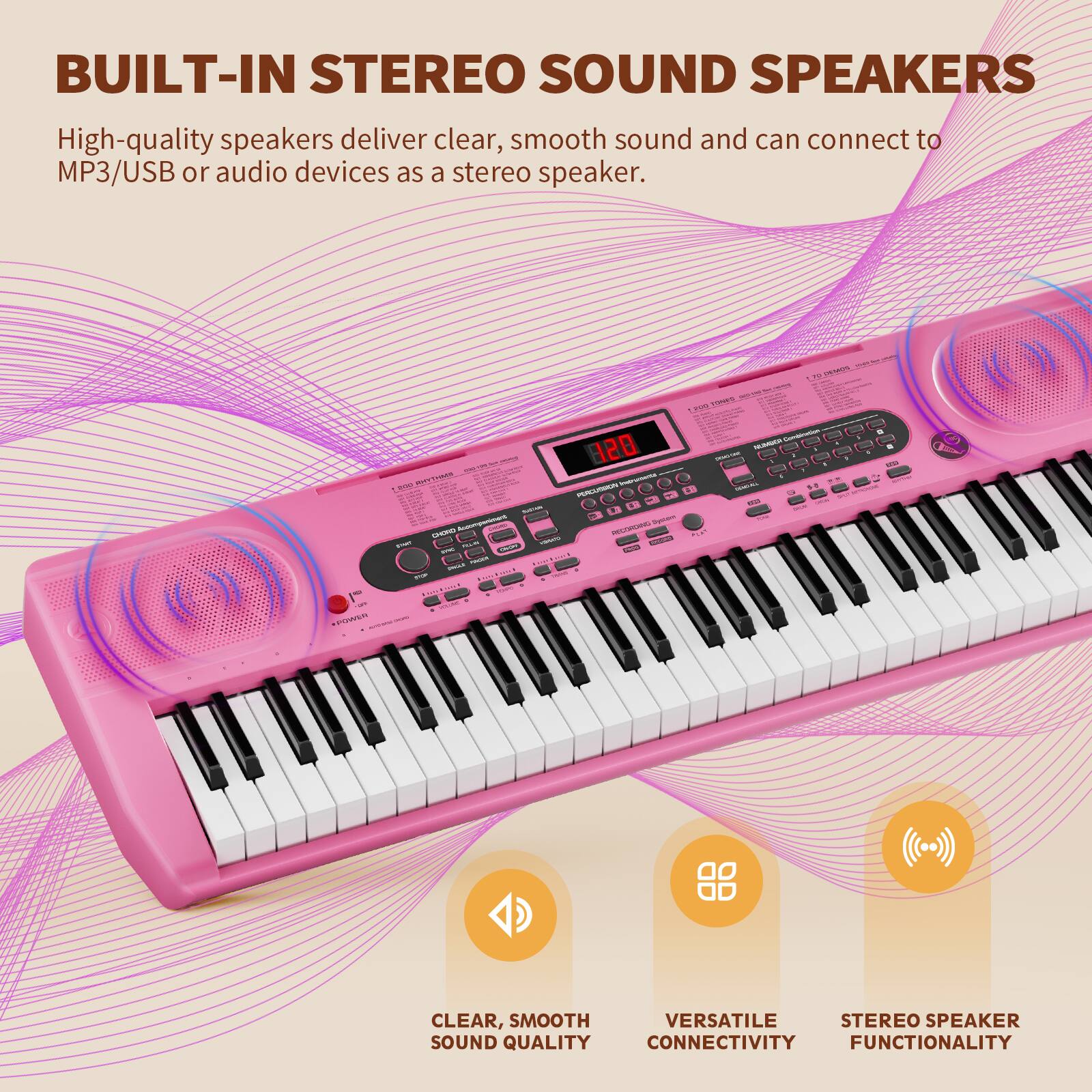 BUILT-IN STEREO SOUND SPEAKERS

High-quality speakers deliver clear, smooth sound and can connect to MP3/USB or audio devices as a stereo speaker.

CLEAR, SMOOTH SOUND QUALITY  
VERSATILE CONNECTIVITY  
STEREO SPEAKER FUNCTIONALITY