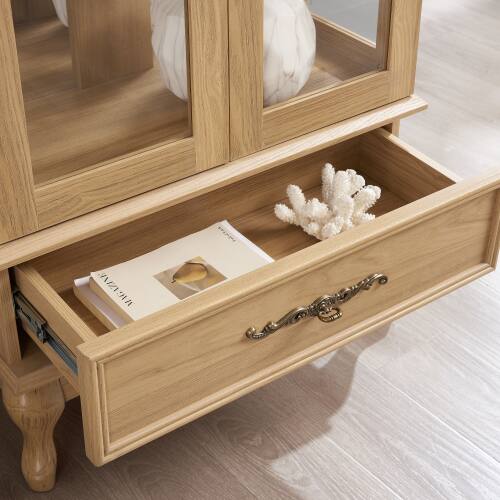 Alt View 2. LUCKY ONE - 25.98in Freestanding Lighted Curio Cabinet with Drawer and Adjustable Shelves for Wine Storage Sideboard - Light Oak.