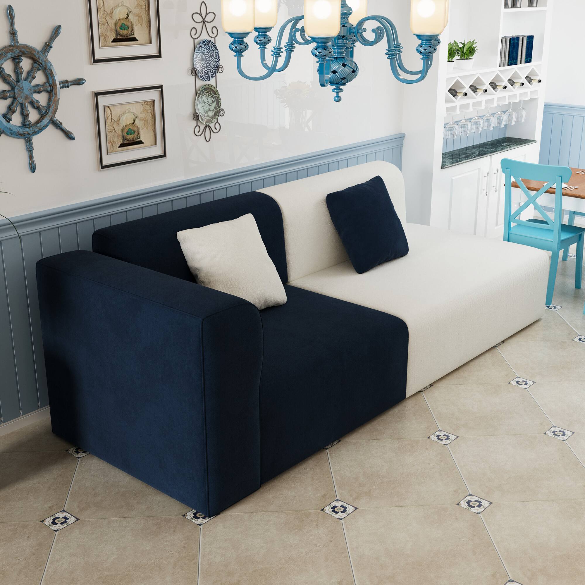 Angle. luck idea - 77.55" Modern Two-Tone Fabric Sofa Couch with Solid Wood Frame, Foam Cushions & 2 Throw Pillows, Living Room Sofa - Dark blue+Off-white.