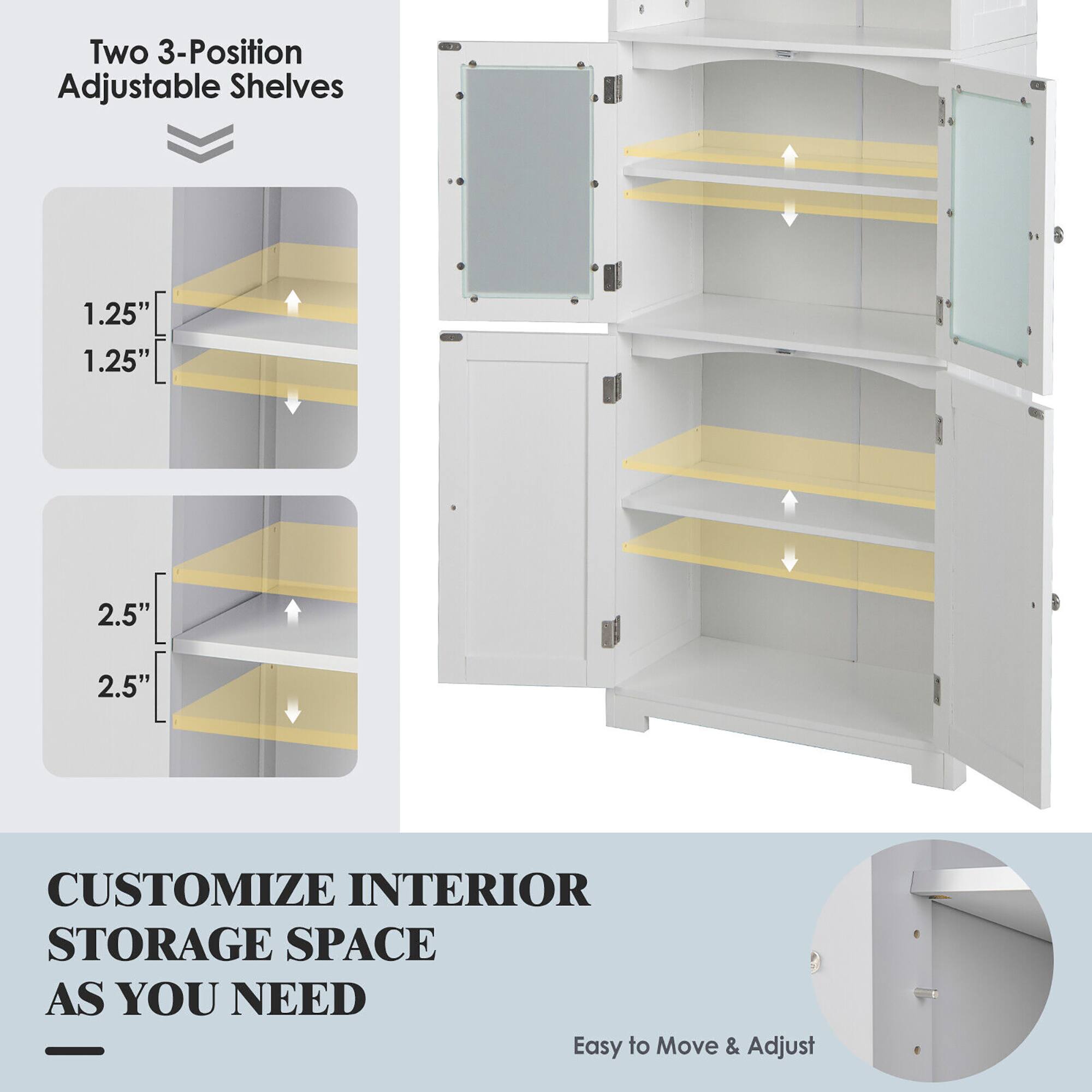 Two 3-Position Adjustable Shelves

1.25"  
1.25"  
2.5"  
2.5"  

CUSTOMIZE INTERIOR STORAGE SPACE AS YOU NEED  

Easy to Move & Adjust