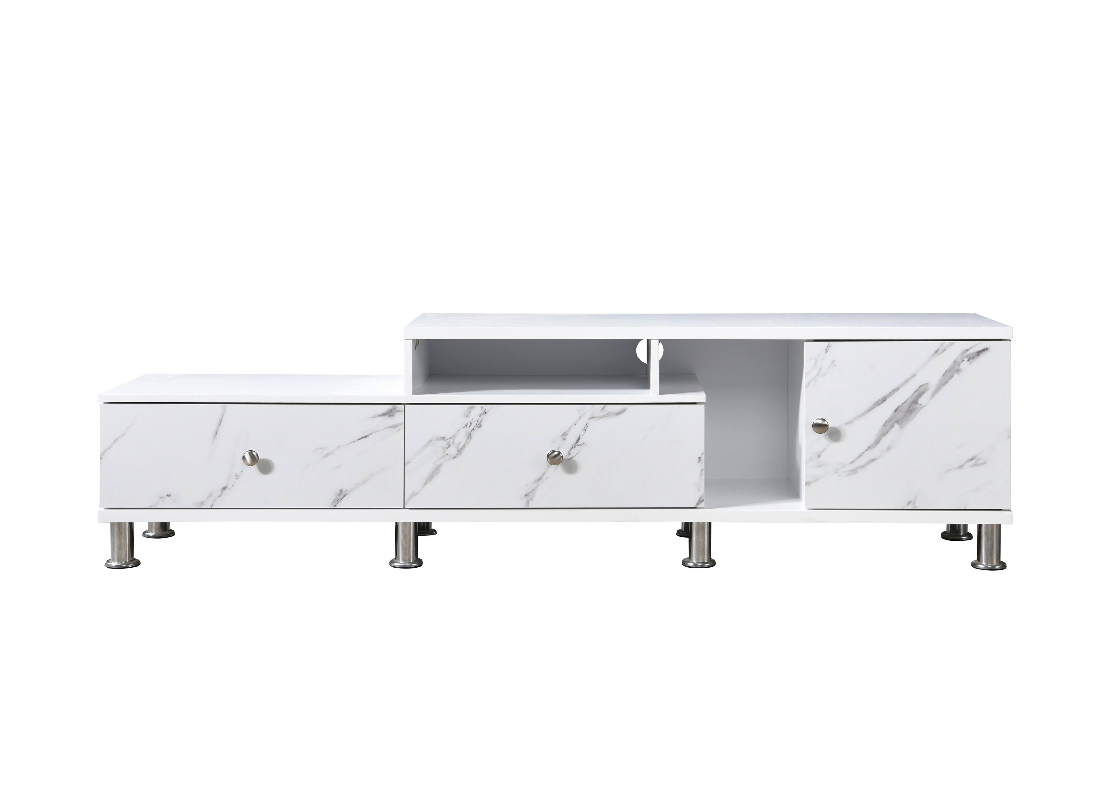 Back. Spaco - Spaco Modern TV Stand for 60" TVs, Media Console with Faux Marble Top and Silver Legs, 2 Shelves 2 Drawers 1 Door - White.
