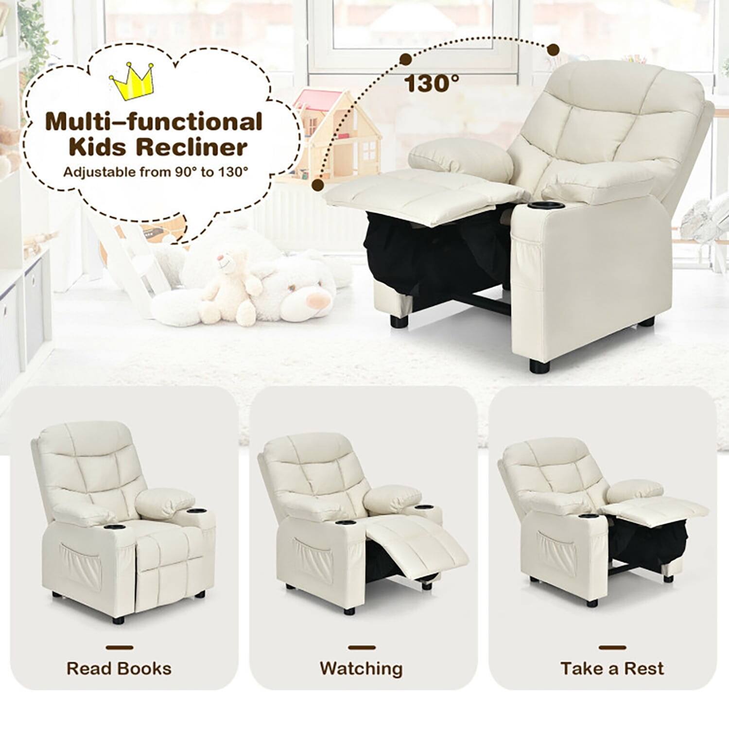 Multi-functional Kids Recliner  
Adjustable from 90° to 130°  

Read Books  
Watching  
Take a Rest