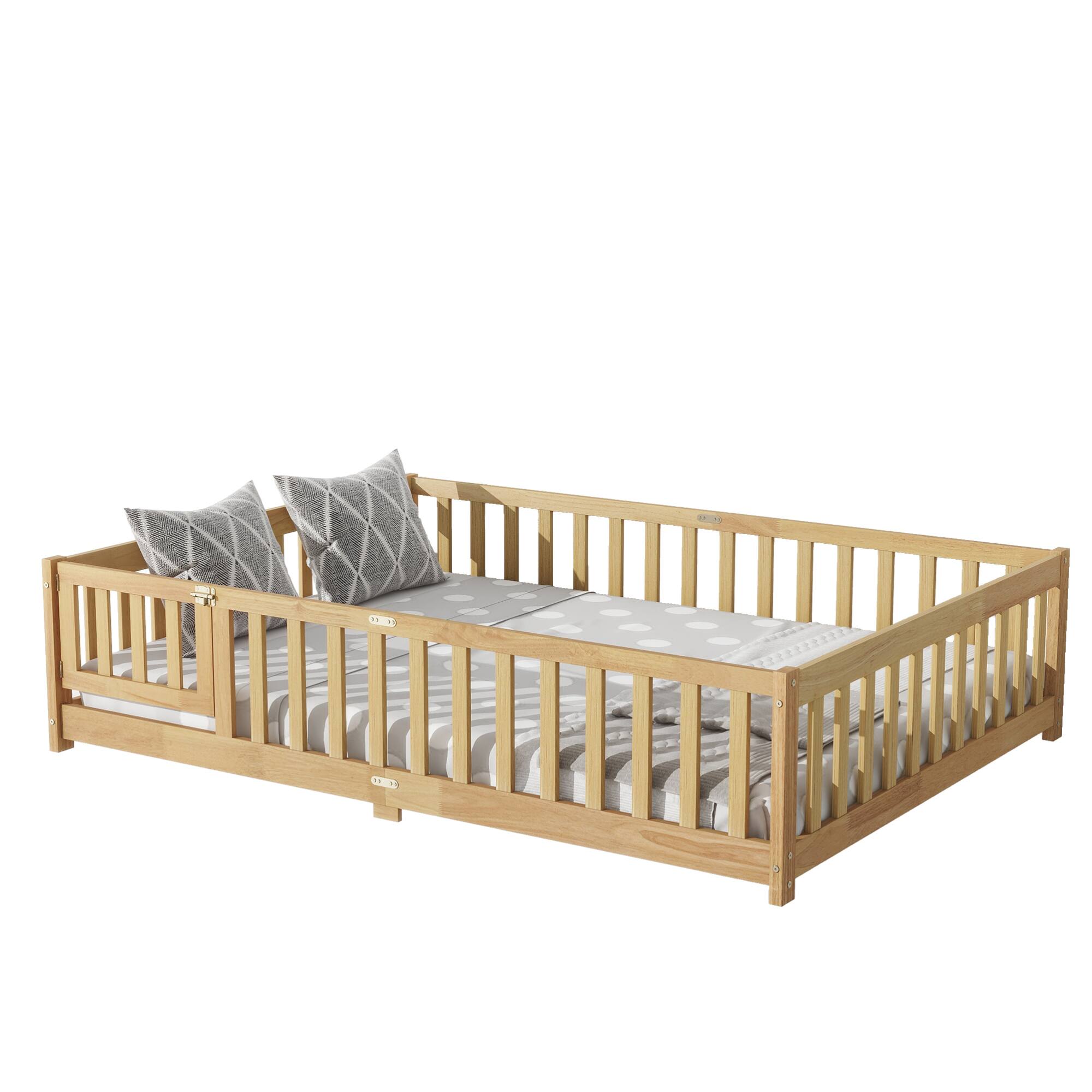 Alt View 4. GOODSILO - Full Size Floor Bed with Safety Fence and Revolving Door for Children, Sturdy Rubber Wood Construction - Natural.