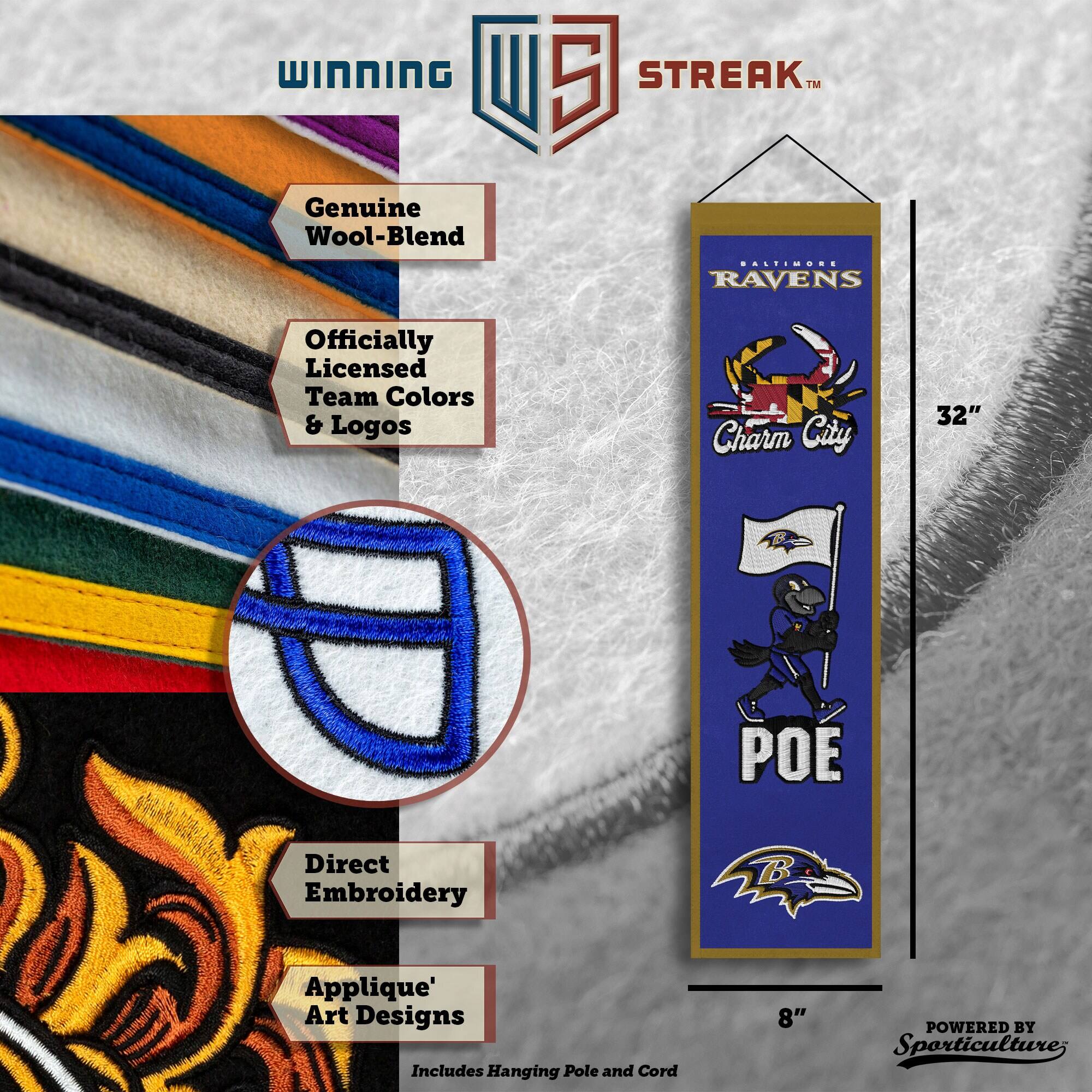 WINNING U 5 STREAK™ Genuine Wool-Blend ASTIM.S RAVENS Officially Licensed Team Colors & Logos - Charm City 32" OE Direct Embroidery Applique' Art Designs Includes Hanging Pole and Cord 8" POWERED BY Sporticulture