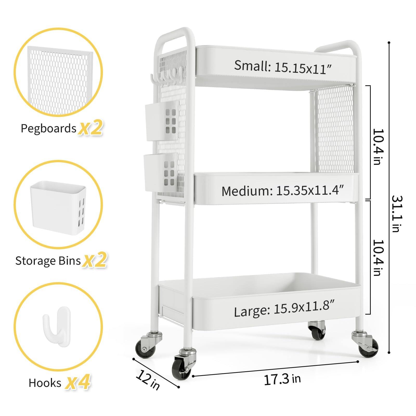 - Pegboards x2
- Storage Bins x2
- Hooks x4

Dimensions:
- Small: 15.15x11"
- Medium: 15.35x11.4"
- Large: 15.9x11.8"

Height:
- 31.1 in

Width:
- 17.3 in

Depth:
- 10.4 in

Base Width:
- 12 in