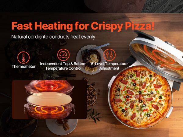 Fast Heating for Crispy Pizza!  
Natural cordierite conducts heat evenly  
Independent Top & Bottom Temperature Control  
5-Level Temperature Adjustment
