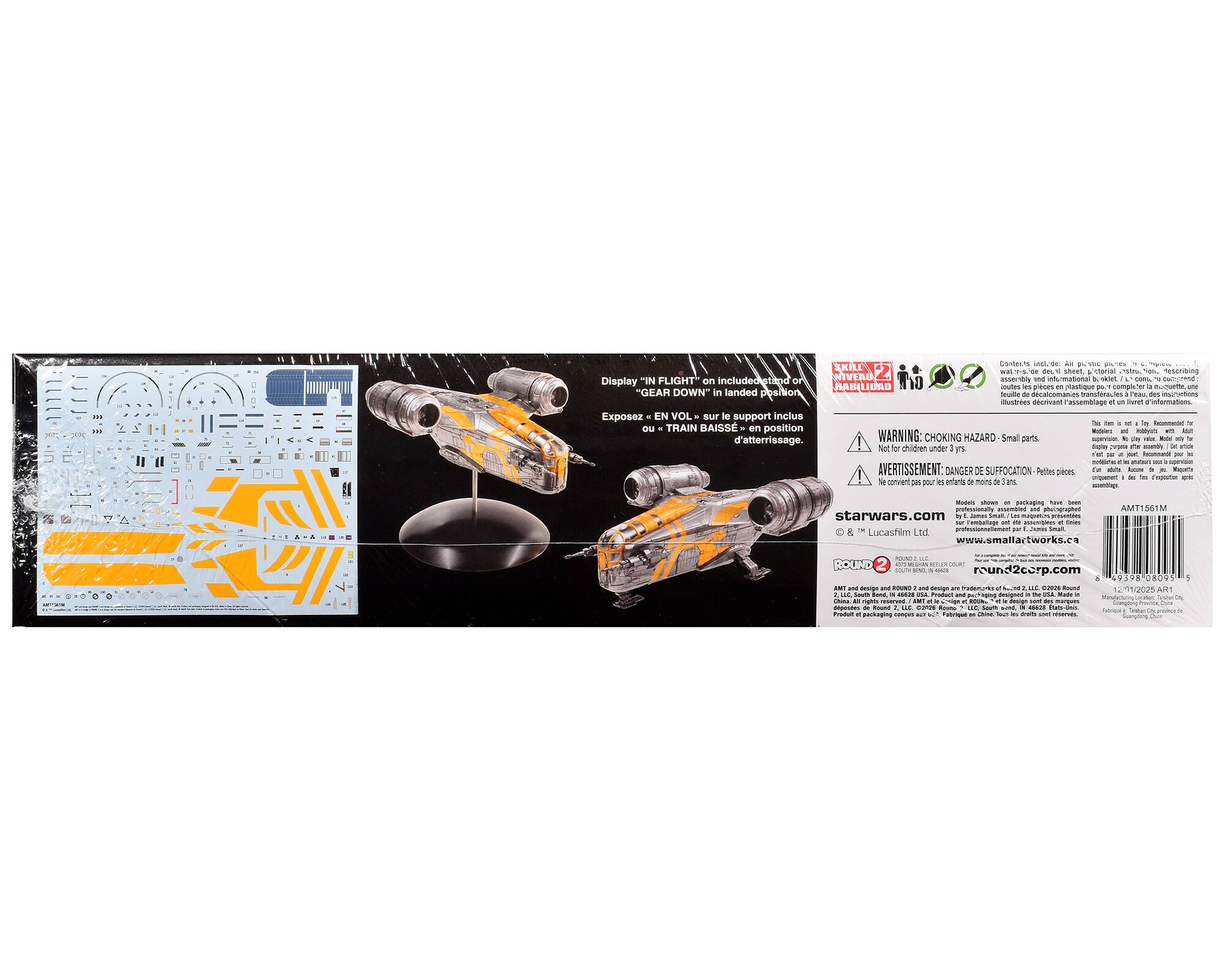 3. SKILL OURSHEET. Display "IN FLIGHT" on included stand or "GEAR DOWN" in landed position. Decalcomanes eas mustres HATIVERS assemblage et .. INTER c Exposez EN VOL sur le support Inclus TSI - - - by. Incommentes - ou . TRAIN DAISSE " on position Modeferia - sustying - / d'atterrissage. WARNING: CHOKING HAZARD Small parts. supervision. - by value Made on/y the Not for children under : simplay  one assembly. Fat amole yrs. - over. - AVERTISSEMENT DANGER DE SUFFOCATION Pettes pieces. Full - proplement - d'exposition 10+ convient pour es enfants de mains de are +galChinesse

Modifs SRAWS AMT1501M starwars.com I'M Lucashim Ltd www.smallartworks.ca
souve ROUND 2 assign - SOUND IN - PALMER packaging
minum round2corp.com 6 9398 JROYS 5 . LLC. 202025  12/01/2024AK1