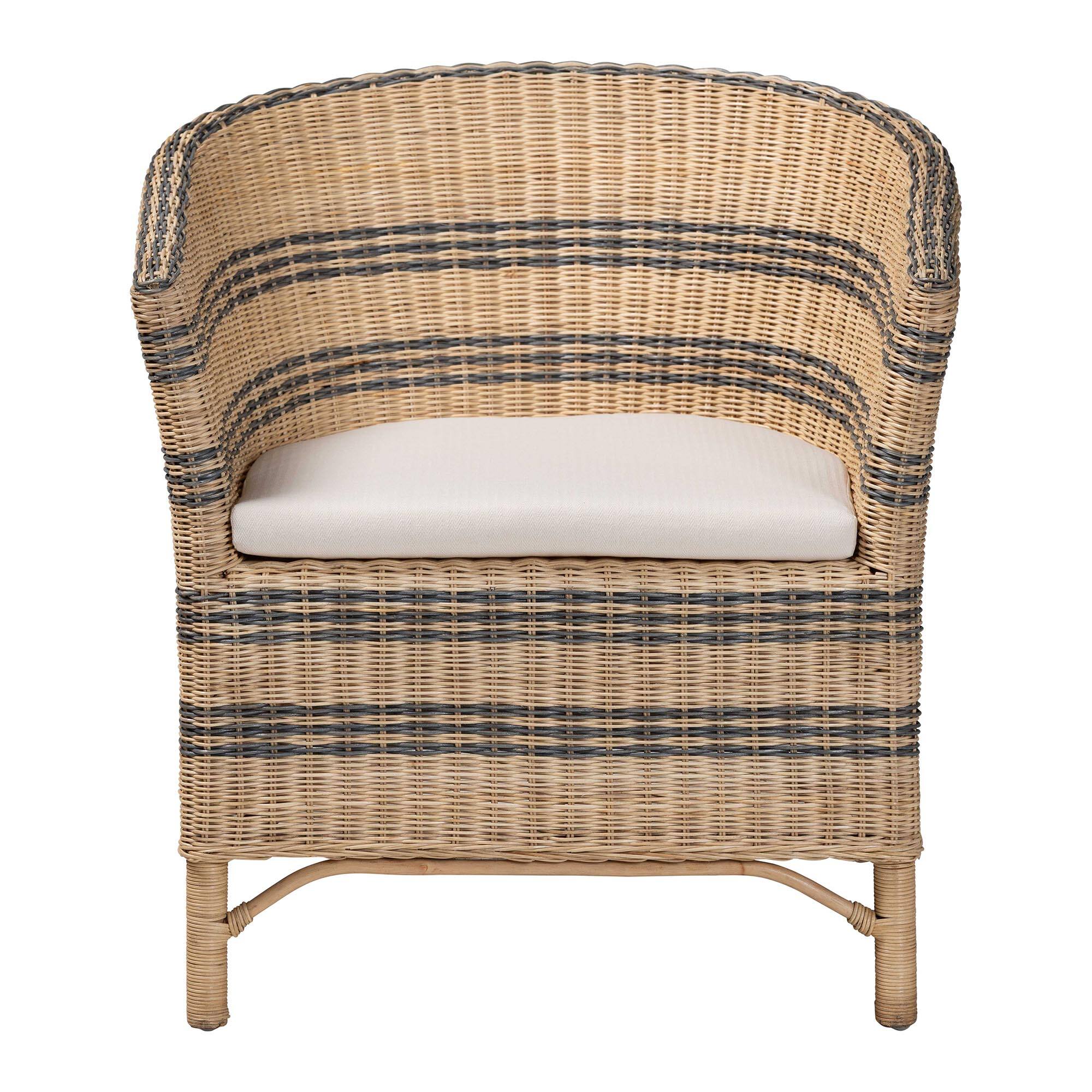 Angle. bali & pari - Elda Natural Rattan Accent Chair - Wicker Barrel-Back Chair with Woven Stripes and Cushion, Coastal Boho Style - Natural Brown/Blue.