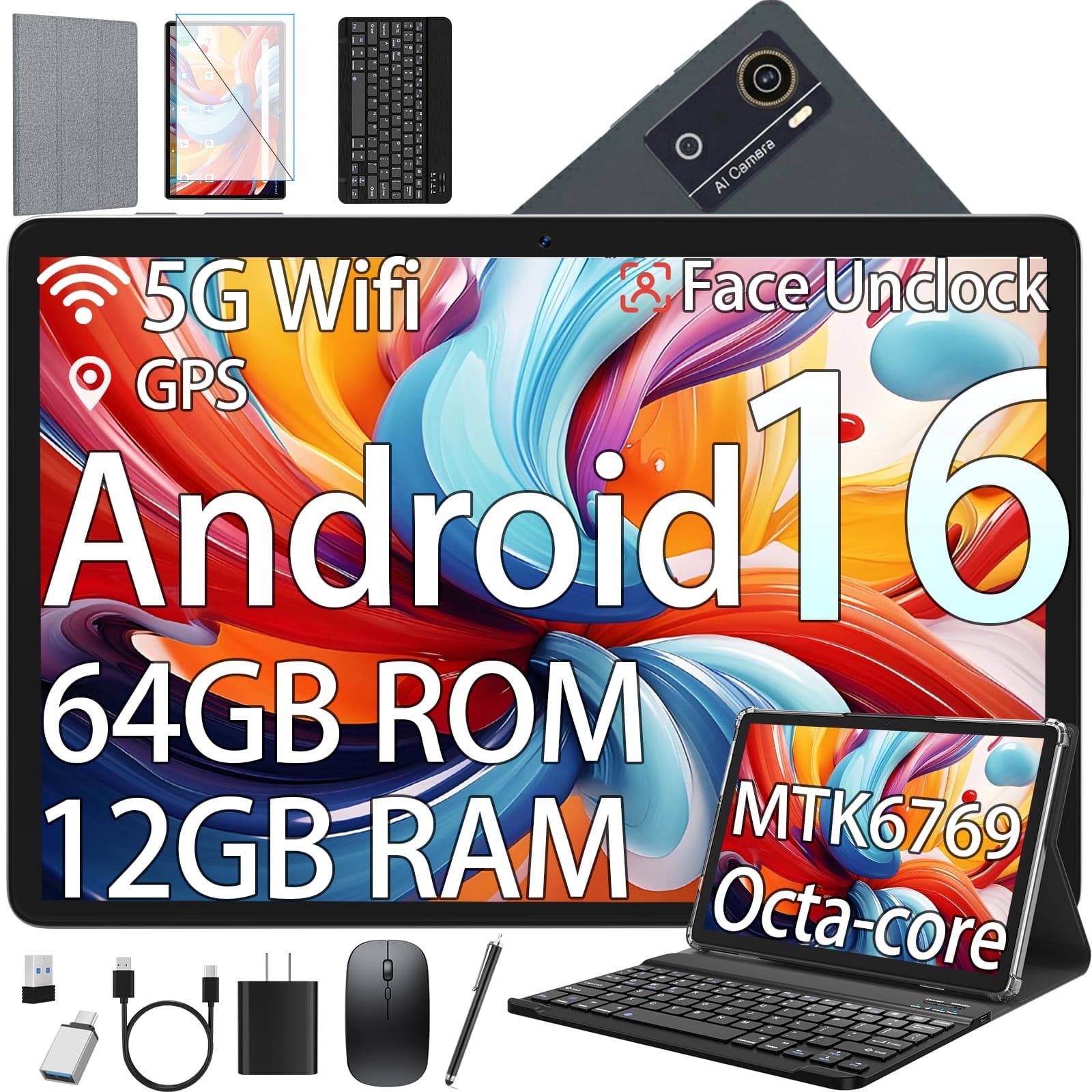 FEONAL - Android 16 Tablet, 10 Inch Tablet, 12GB RAM 64GB ROM, MTK6769 Octa-Core,5G WiFi, Electronics Tablets with Keyboard Mouse - Gray