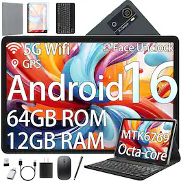 FEONAL - Android 16 Tablet, 10 Inch Tablet, 12GB RAM 64GB ROM, MTK6769 Octa-Core,5G WiFi, Electronics Tablets with Keyboard Mouse - Gray
