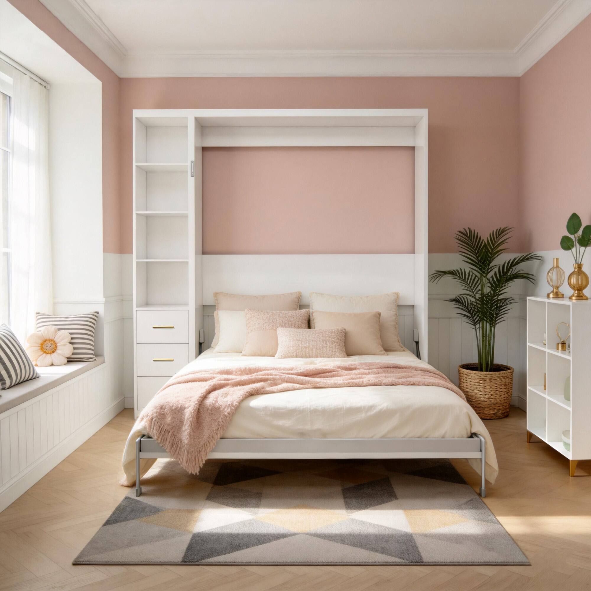 Left. Anysun - Queen Murphy Wall Bed with Side Cabinet - Invisible Space-Saving Bed Frame, Automatic Mechanism - White.