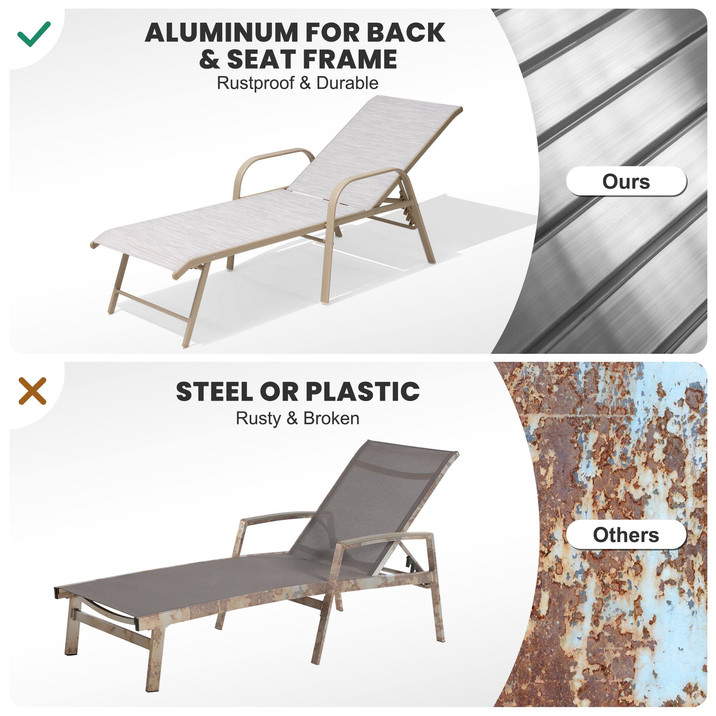 ALUMINUM FOR BACK & SEAT FRAME  
Rustproof & Durable  
Ours  

STEEL OR PLASTIC  
Rusty & Broken  
Others