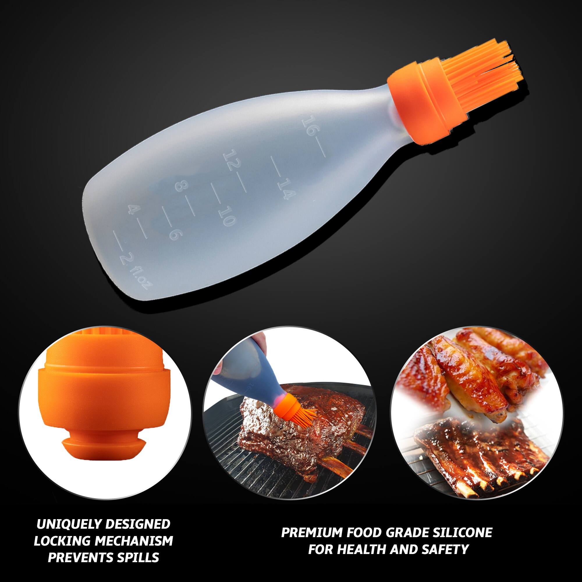 Angle. Gourmet Easy - Silicone Pastry Brush, All-in-One Slicone Basting Brush with Sauce Bottle, Heat Resistant BBQ Accessories - Orange.