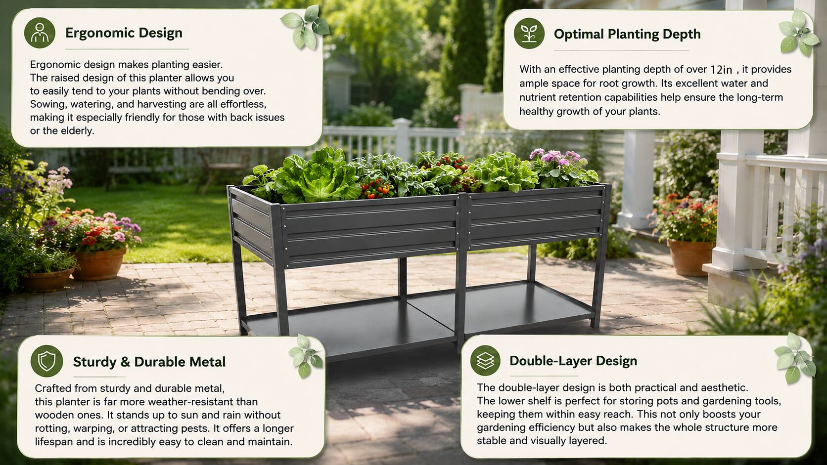 Ergonomic Design  
Ergonomic design makes planting easier. The raised design of this planter allows you to easily tend to your plants without bending over. Sowing, watering, and harvesting are all effortless, making it especially friendly for those with back issues or the elderly.

Optimal Planting Depth  
With an effective planting depth of over 12in, it provides ample space for root growth. Its excellent water and nutrient retention capabilities help ensure the long-term healthy growth of your plants.

Sturdy & Durable Metal  
Crafted from sturdy and durable metal, this planter is far more weather-resistant than wooden ones. It stands up to sun and rain without rotting, warping, or attracting pests. It offers a longer lifespan and is incredibly easy to clean and maintain.

Double-Layer Design  
The double-layer design is both practical and aesthetic. The lower shelf is perfect for storing pots and gardening tools, keeping them within easy reach. This not only boosts your gardening efficiency but also makes the whole structure more stable and visually layered.