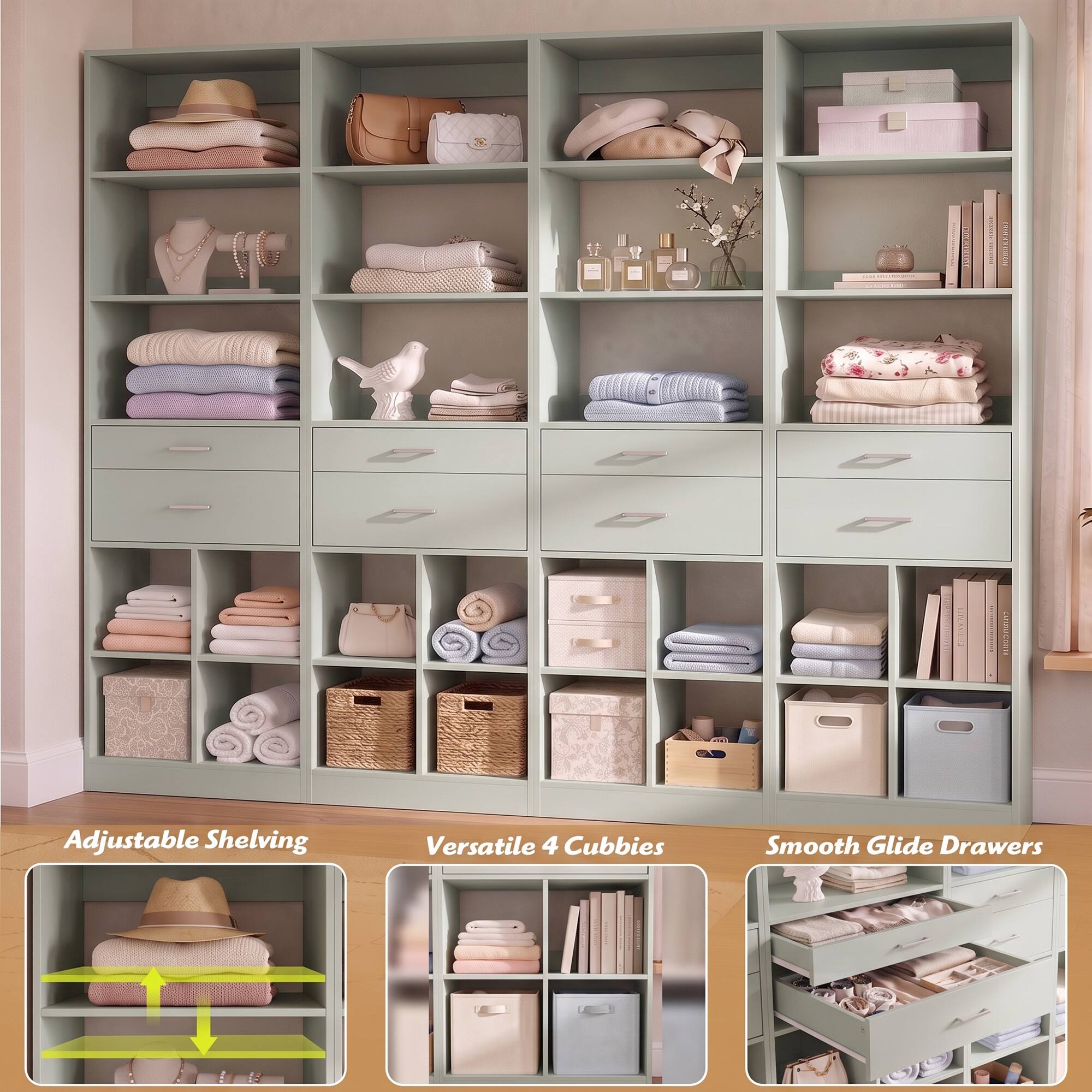 Adjustable Shelving  
Versatile 4 Cubbies  
Smooth Glide Drawers