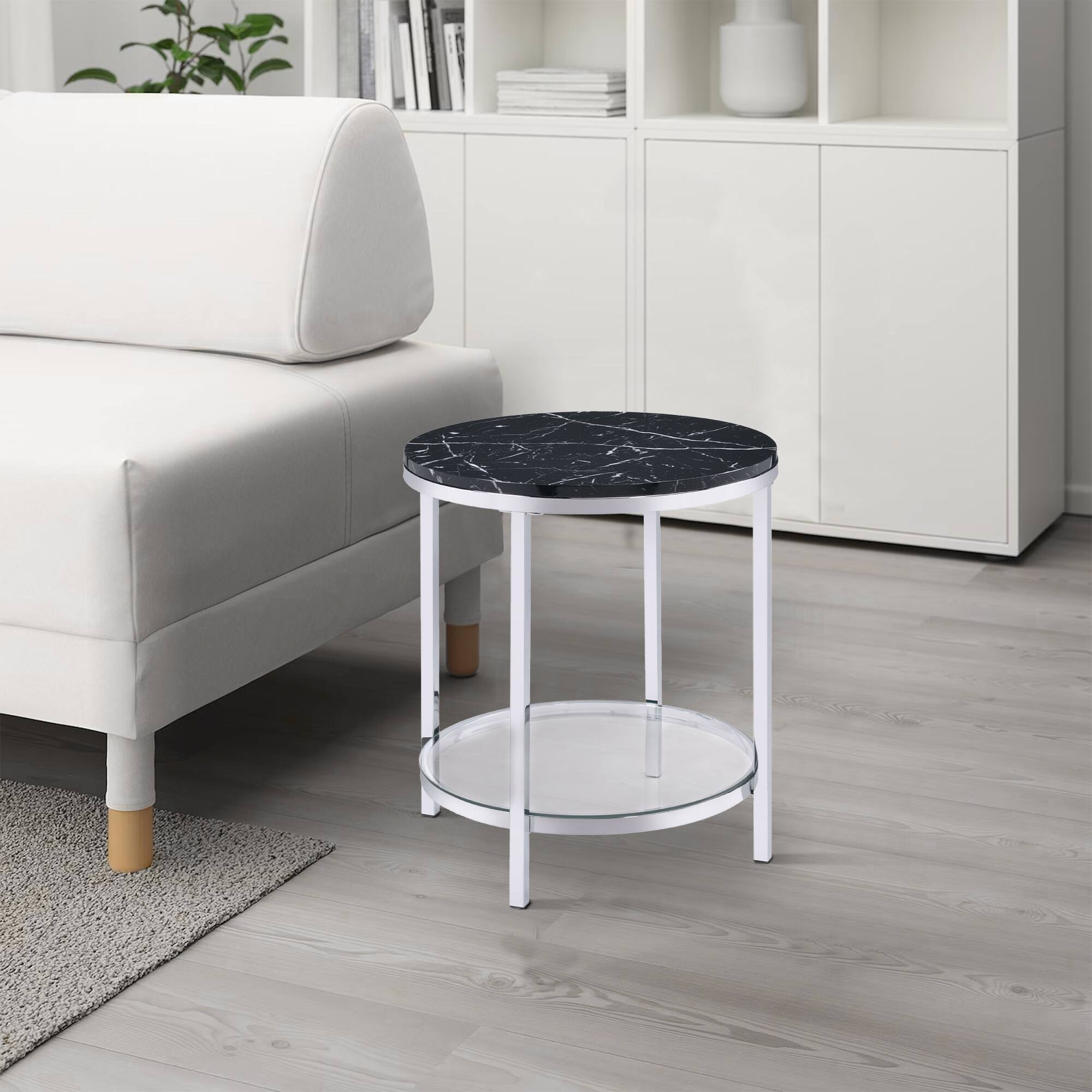 Alt View 5. Manhattan Lane - End Table with Round Faux Marble Top and Glass Shelf - Black.
