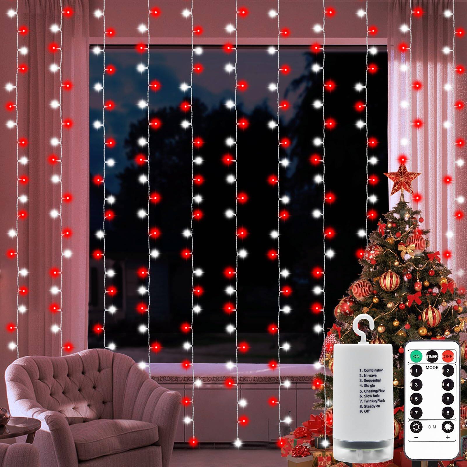 Red White Christmas Curtain Lights