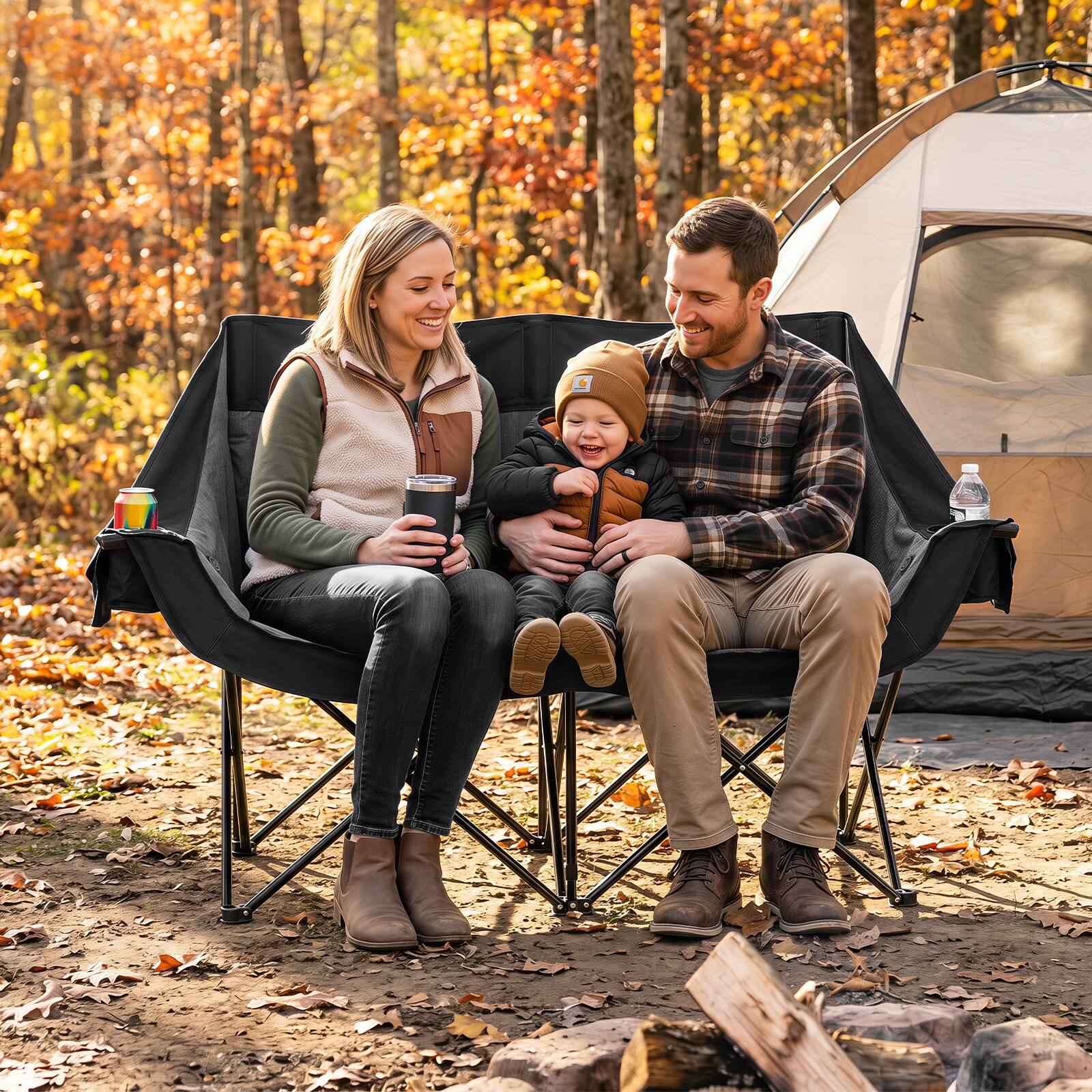 Alt View 3. Gymax - Gymax Heated Double Camping Chair w/4 Heating Zones & 3 Heat LevelsWine Glass Holders Black - Black.
